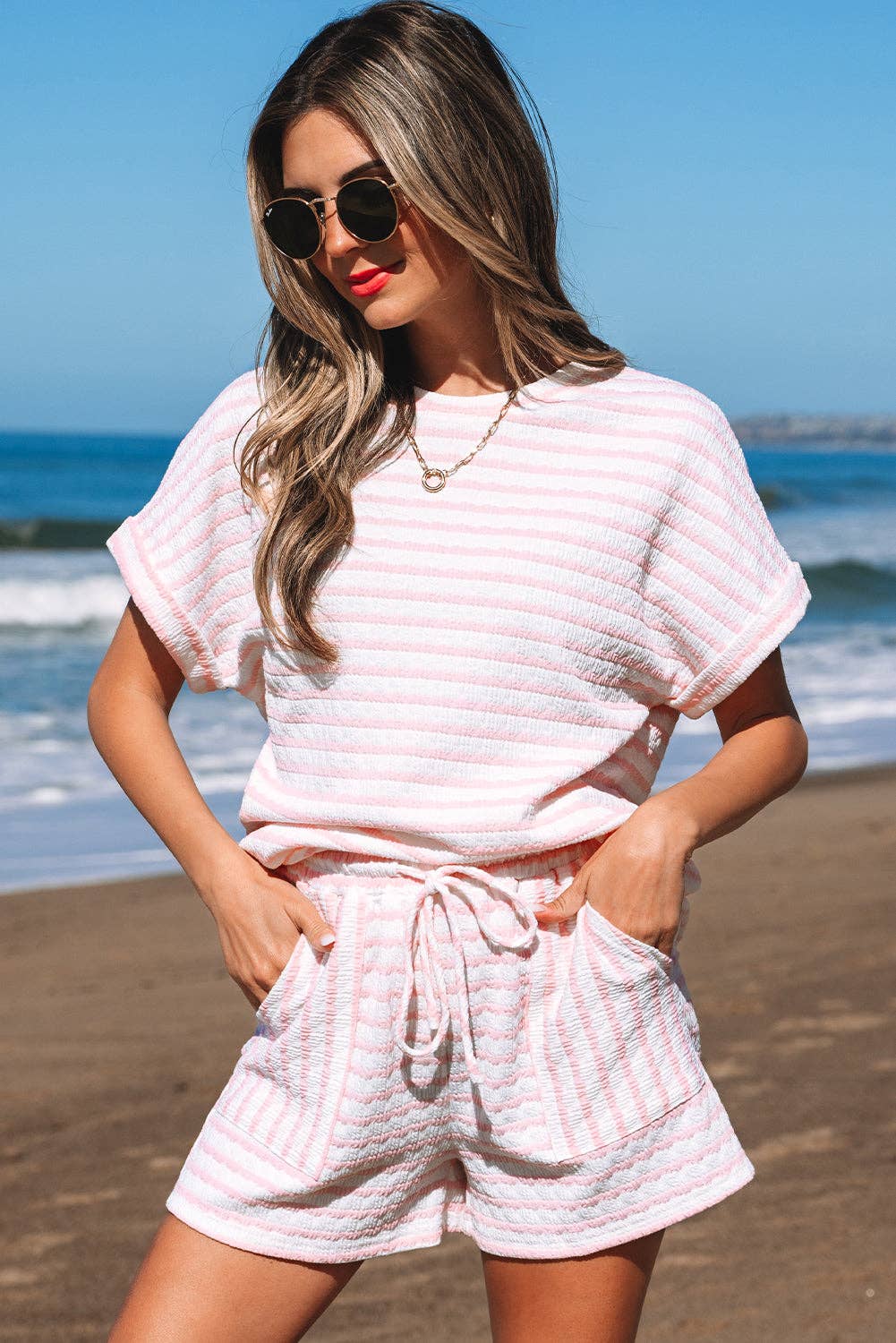 Pink Stripe Knitted Short Sleeve Top and Drawstring Shorts Set: Sky Blue Stripe / 85%Polyester+10%Viscose+5%Elastane / XL