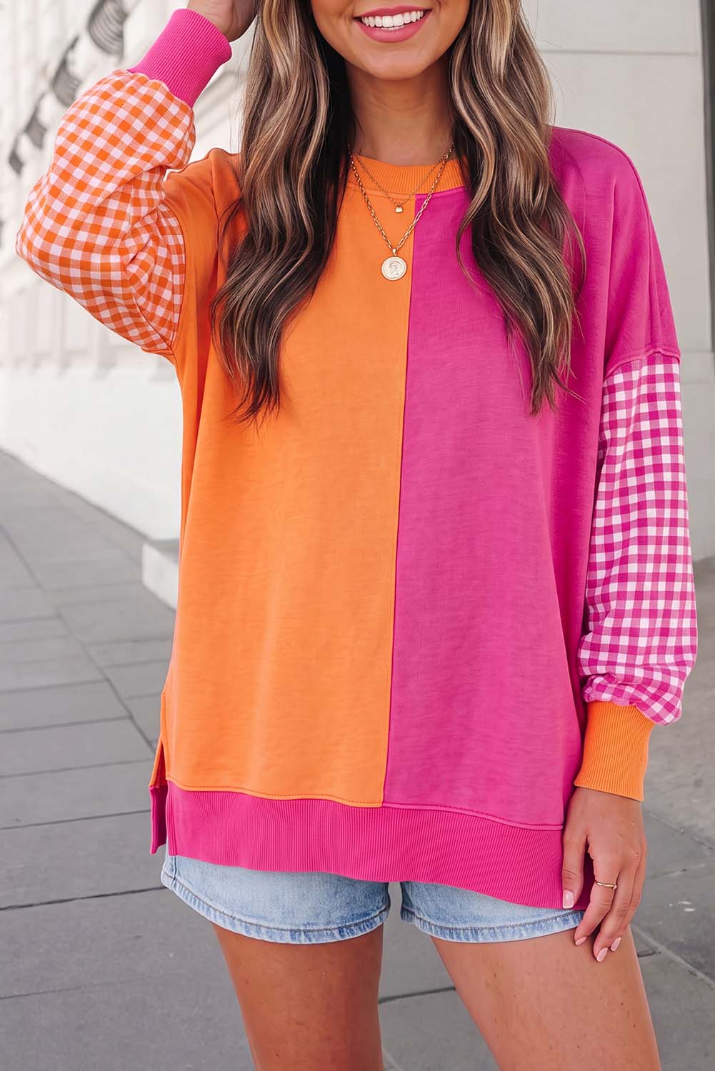 Plaid Print Crewneck Gingham Sleeve Sweatshirt FW26 | S-XL: Rose Red / M