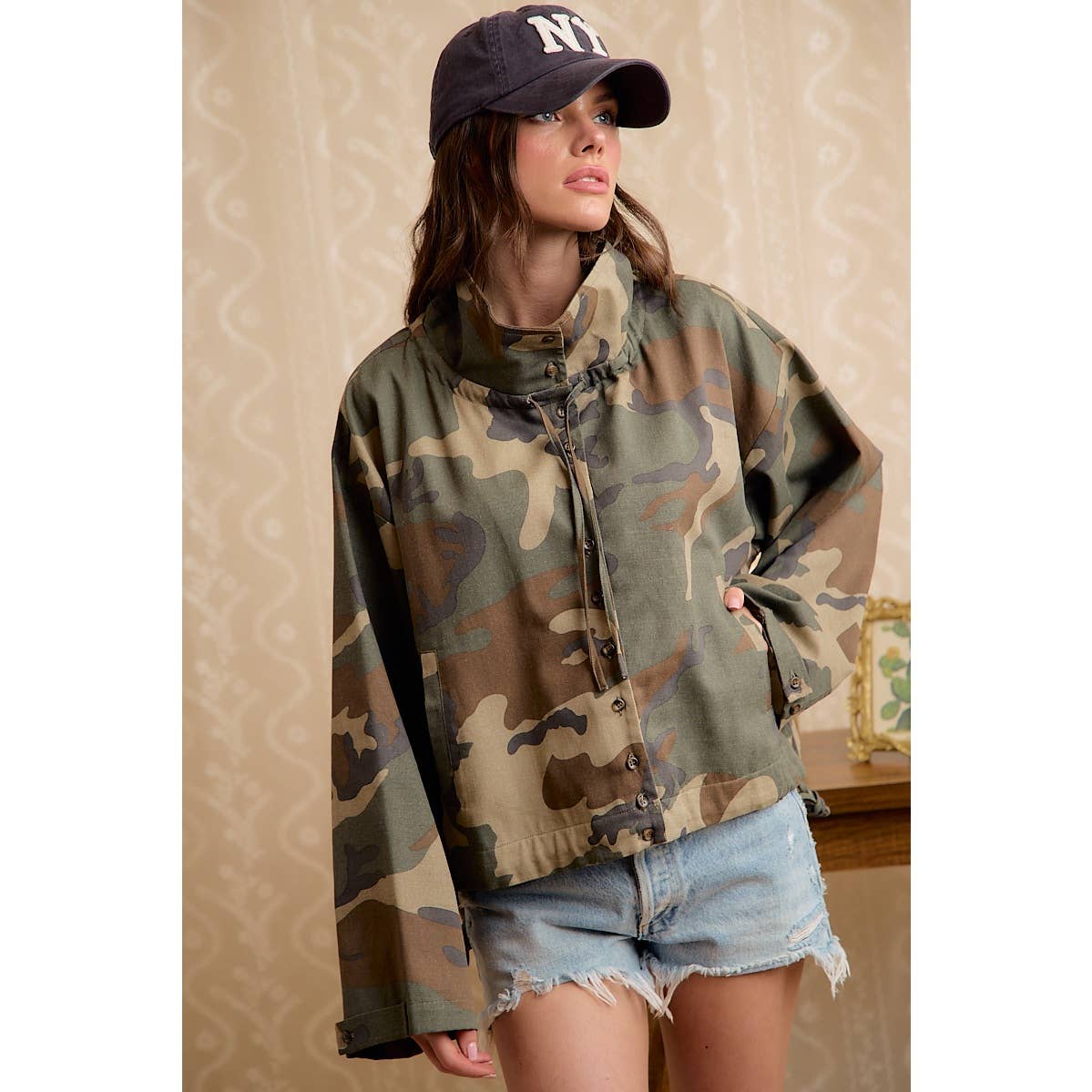 PRINTED HOODED WINDBREAKER JACKET TOP: MOCHA GINGHAM / S