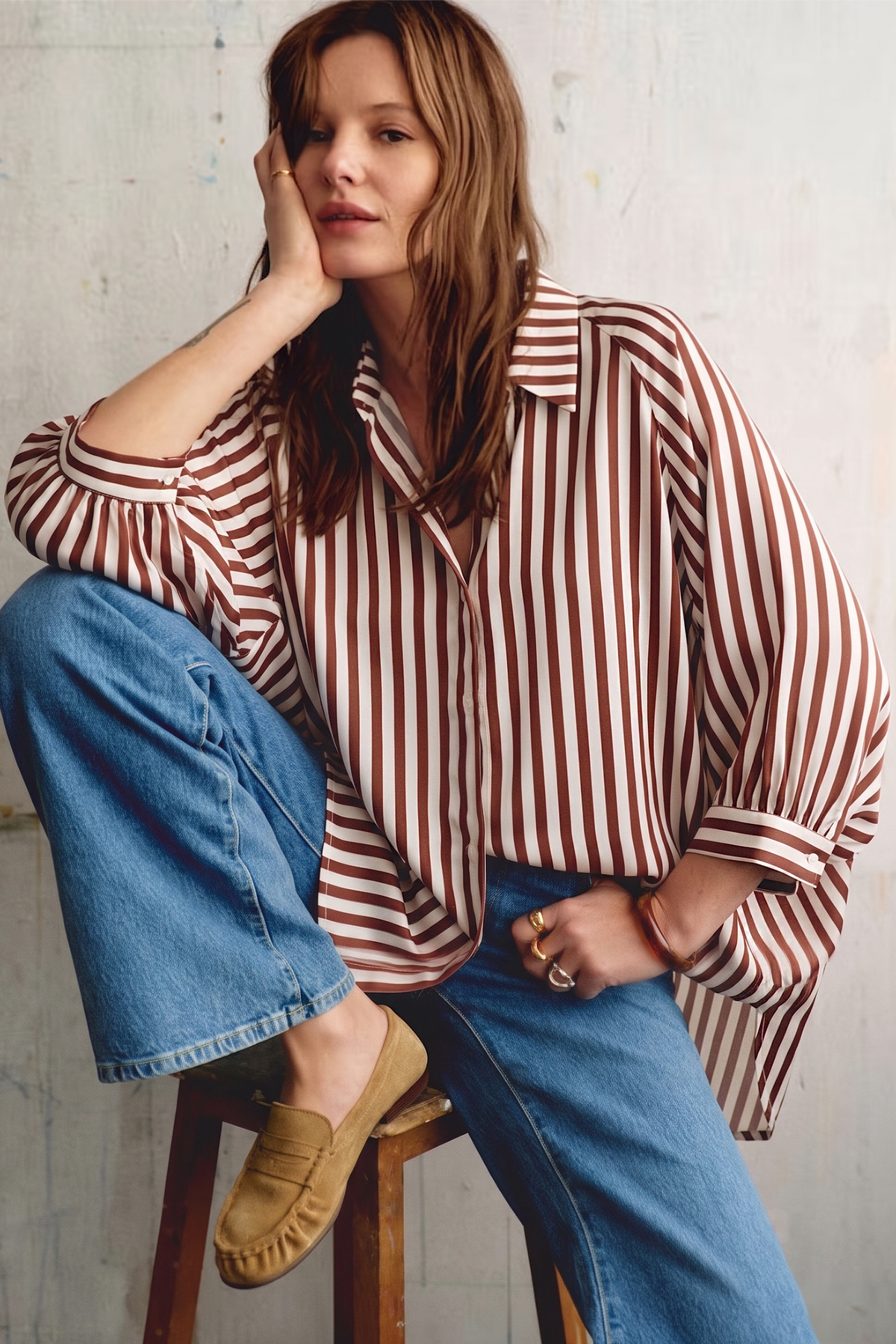 Stripe Wide Puff Sleeve Buttondown Shirt: Olive / S