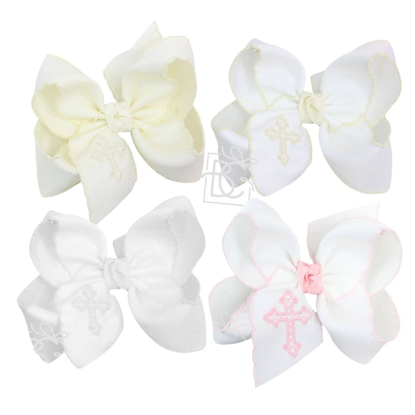 EMBROIDERED CROSS CROCHET EDGE BOWS: Antique white/ White / 4.5" Large Bow