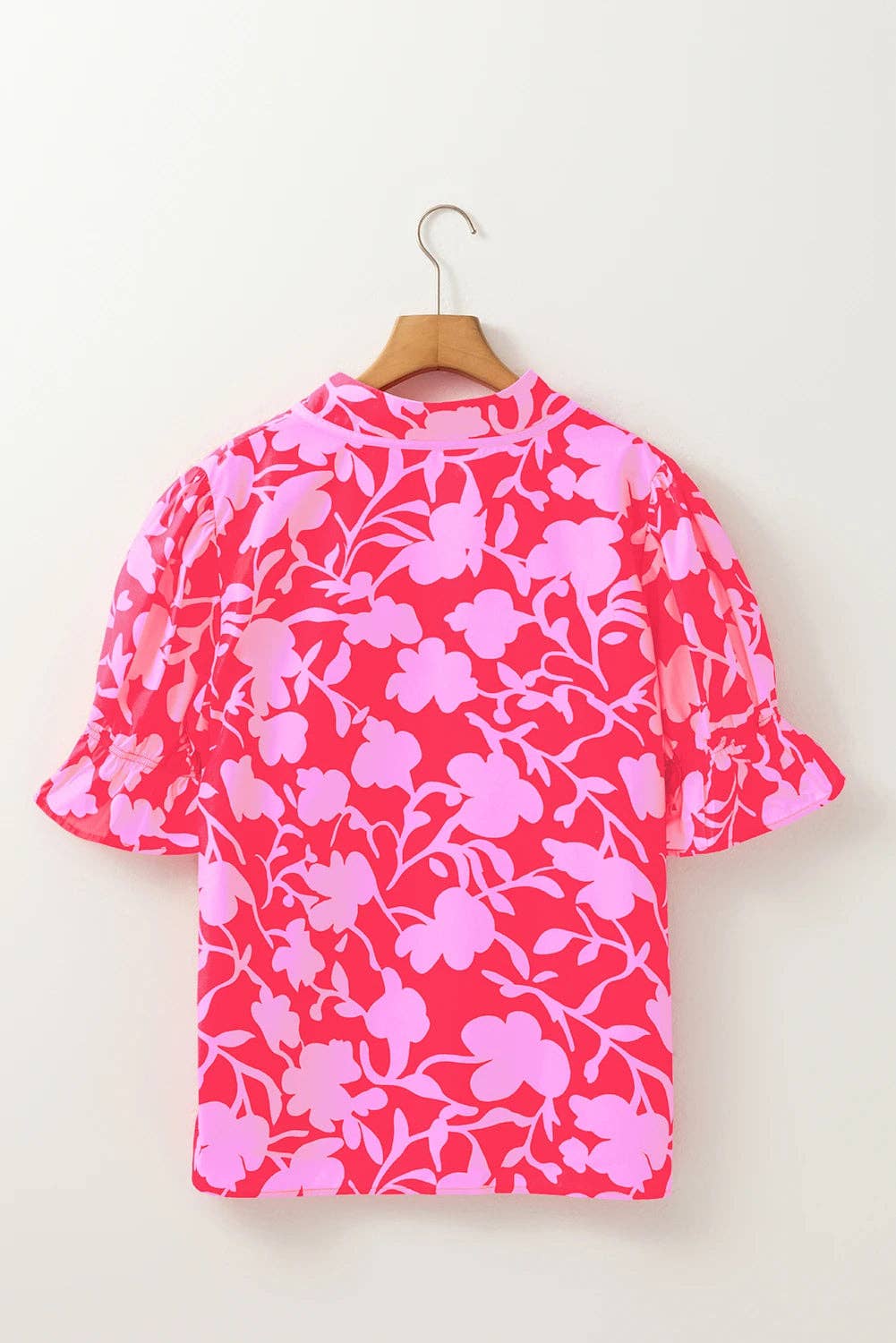 Red Floral Split V Neck Ruffled Short Sleeve Blouse Top: Red / 100%Polyester / S