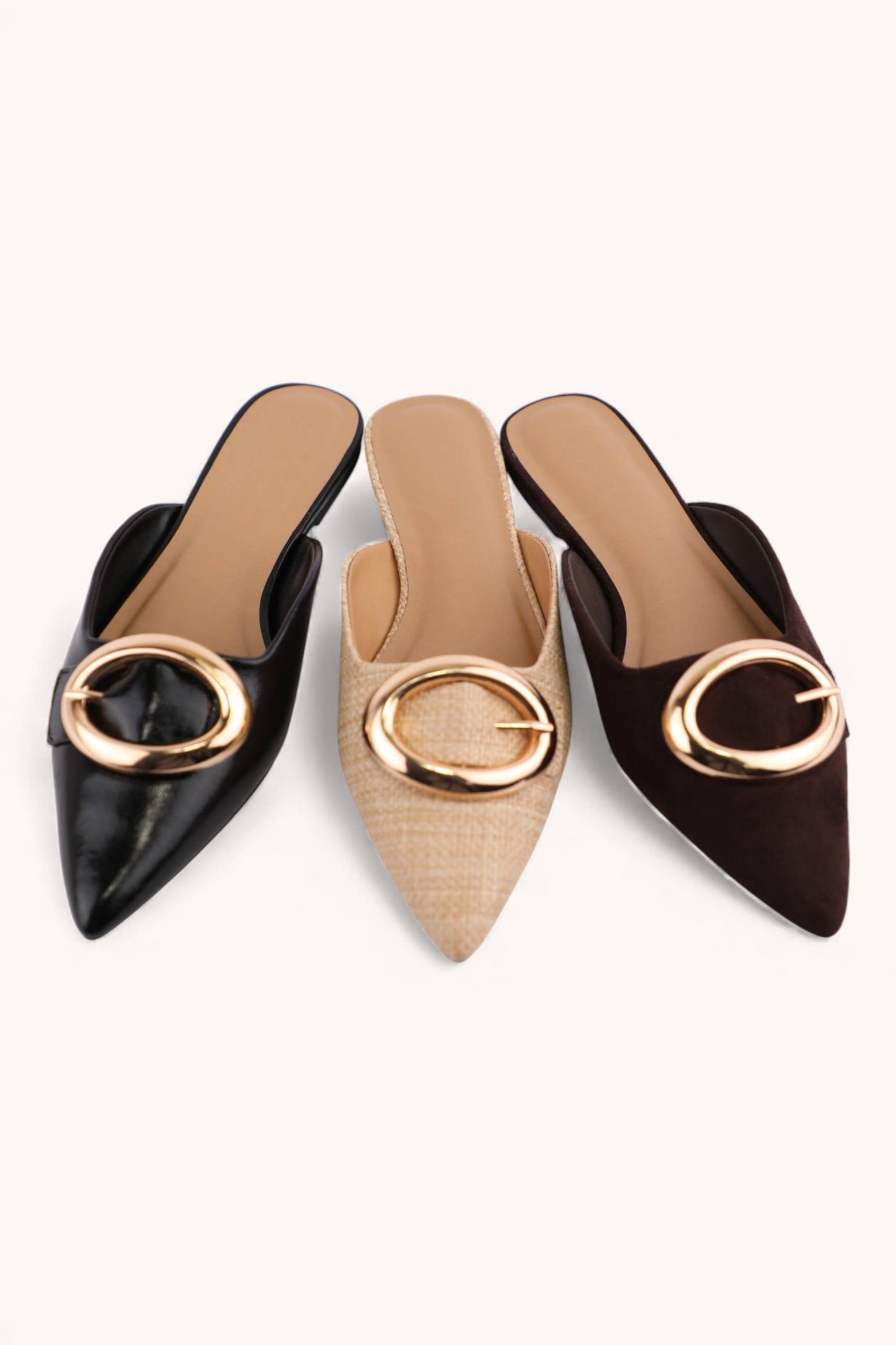 JAMIE-C MODERN WARDROBE GOLD BUCKLE POINTED TOE MULES: NATURAL RAFFIA / B18