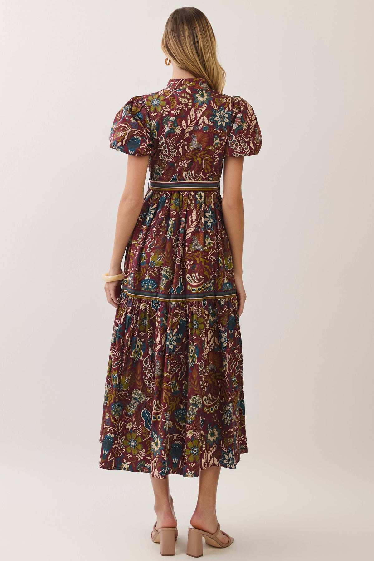 CD07579-Paisley Floral Print Belted Midi Dress: Burgundy / M