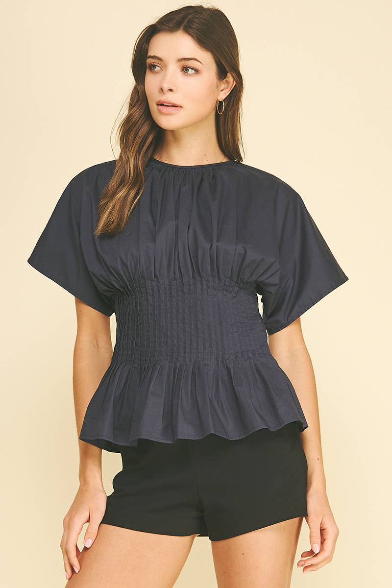 PLEATED WAIST PEPLUM TOP - 7090T: NAVY / L