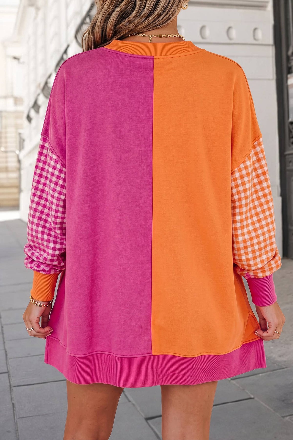 Plaid Print Crewneck Gingham Sleeve Sweatshirt FW26 | S-XL: Rose Red / M