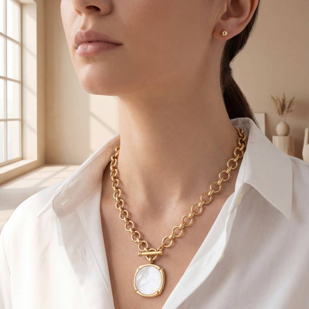 Rounded Mother Of Pearl Disc Pendant Necklace  Set: MOP