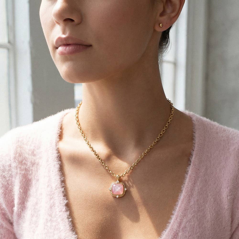 Square Faceted Stone Pendant Chain Necklace Set: PL