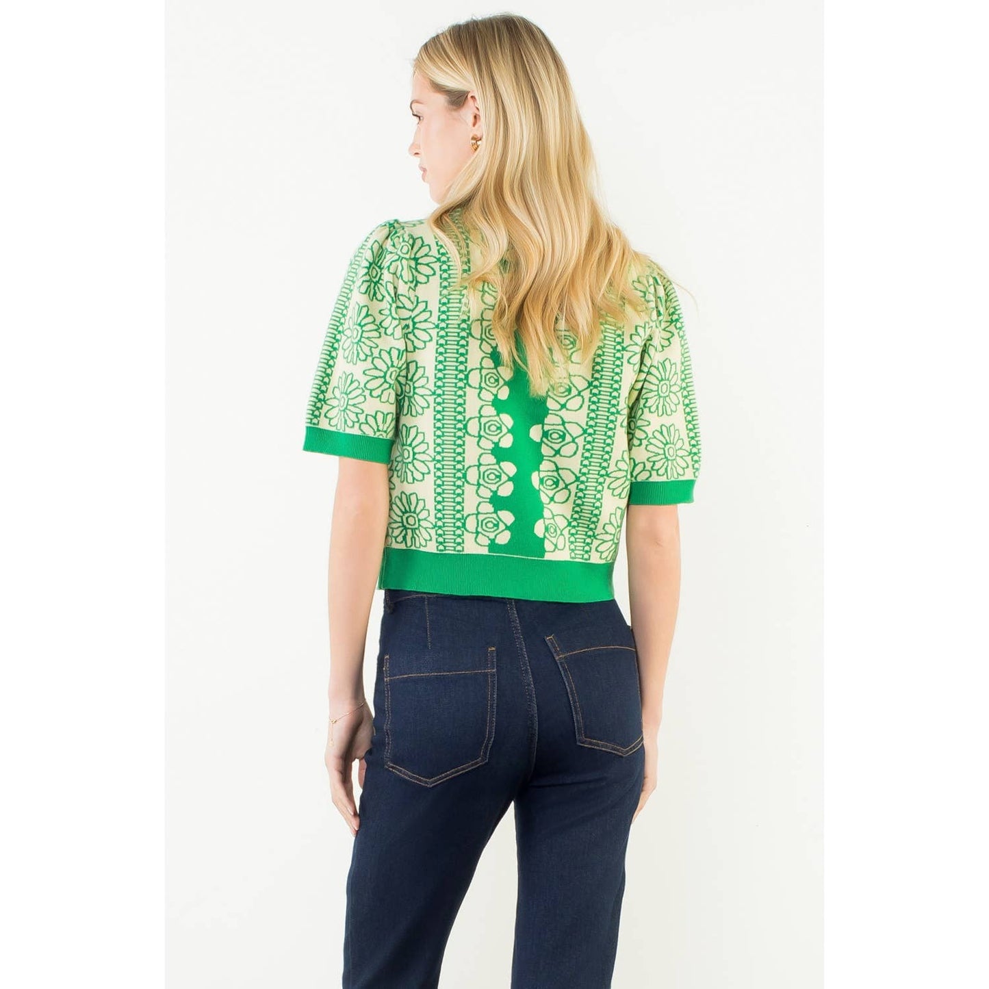 Short Sleeve Floral Pattern Button Up Top: GREEN / XS-S-M-L(1-2-2-1)
