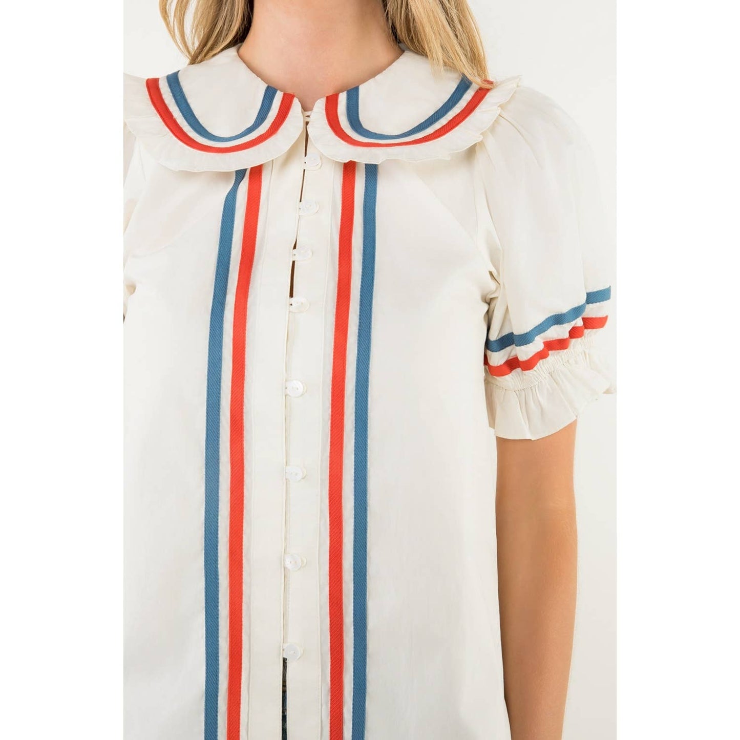 Striped Trim Puff Sleeve Button Top: CREAM / XS-S-M-L(1-2-2-1)