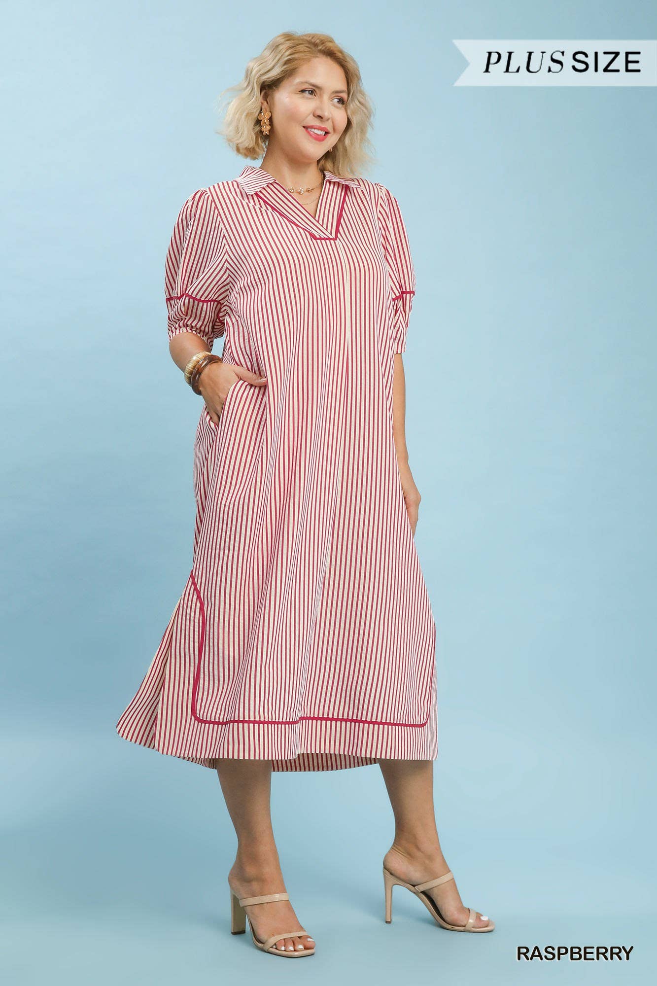 Plus Striped Midi Dress With Puff Sleeves: LT OLIVE / 1-1-1(XL-1XL-2XL)
