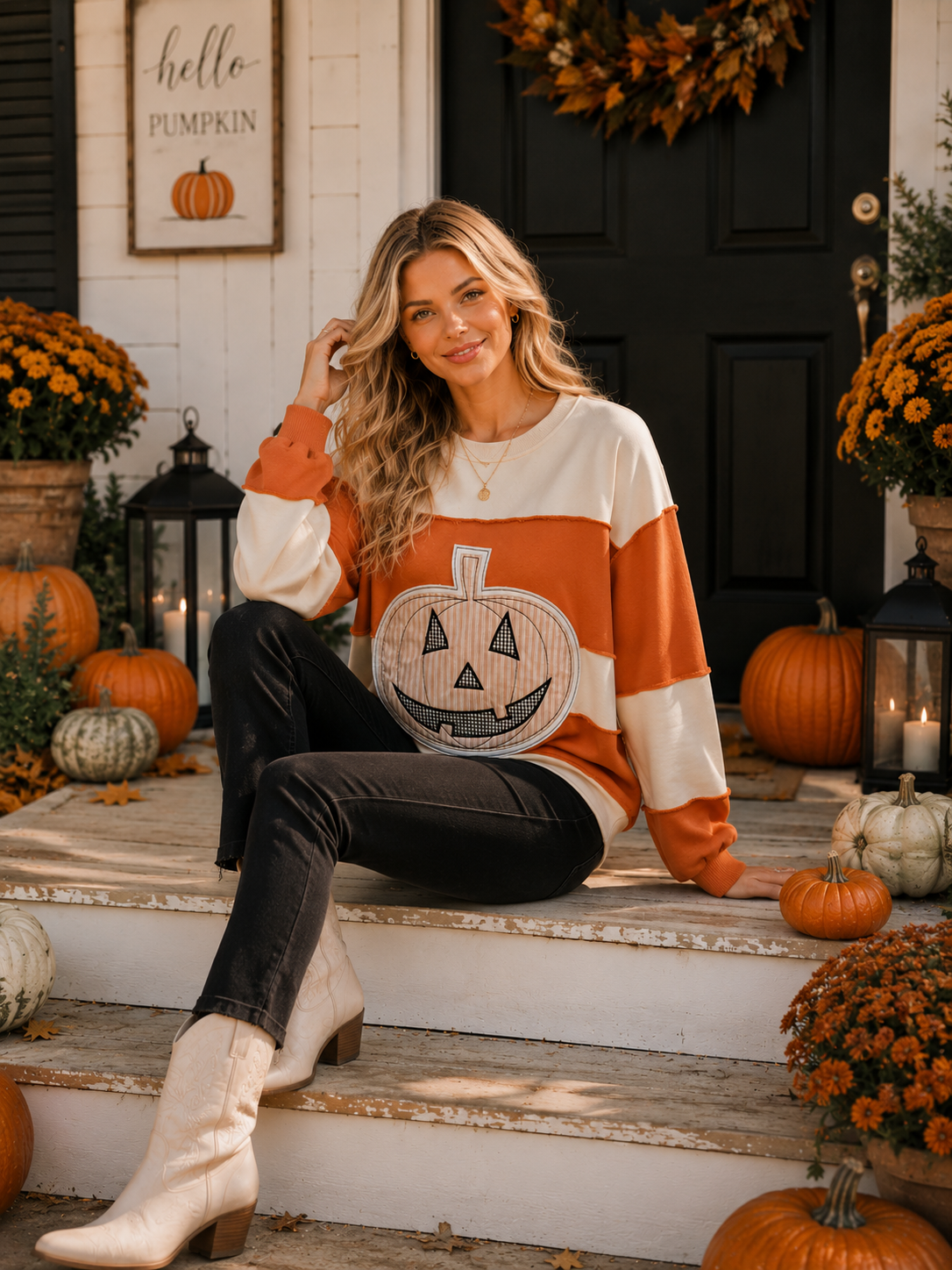 Pumpkin Appliqué Color Block Pullover: BURNT ORANGE/CREAM / S-M-L (2-2-2)