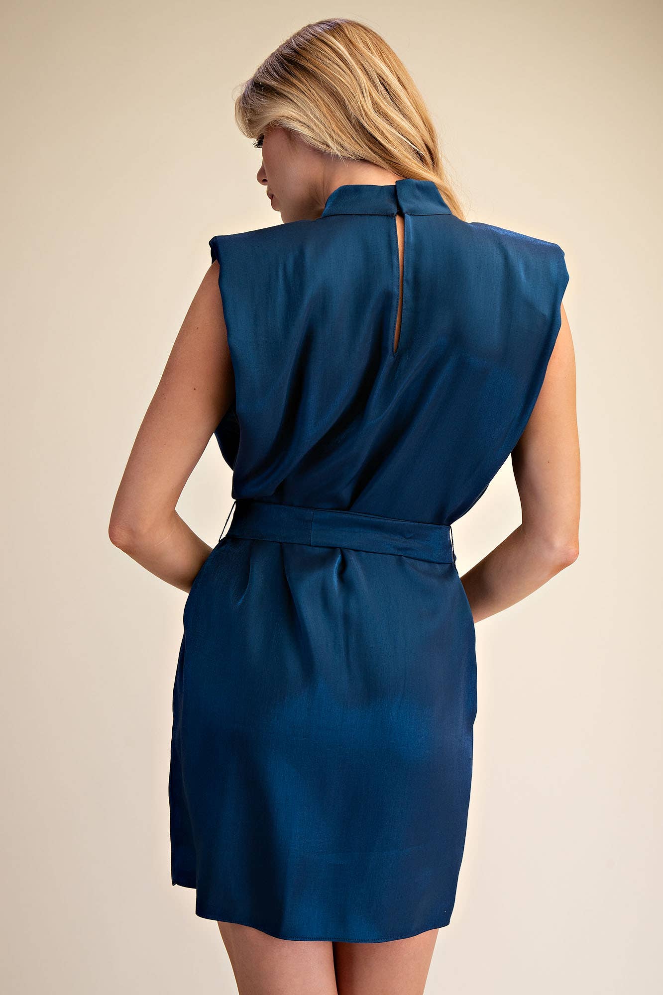 Mock Neck Shoulder Padded Waist Tie Mini Satin Dress: Fuchsia / M