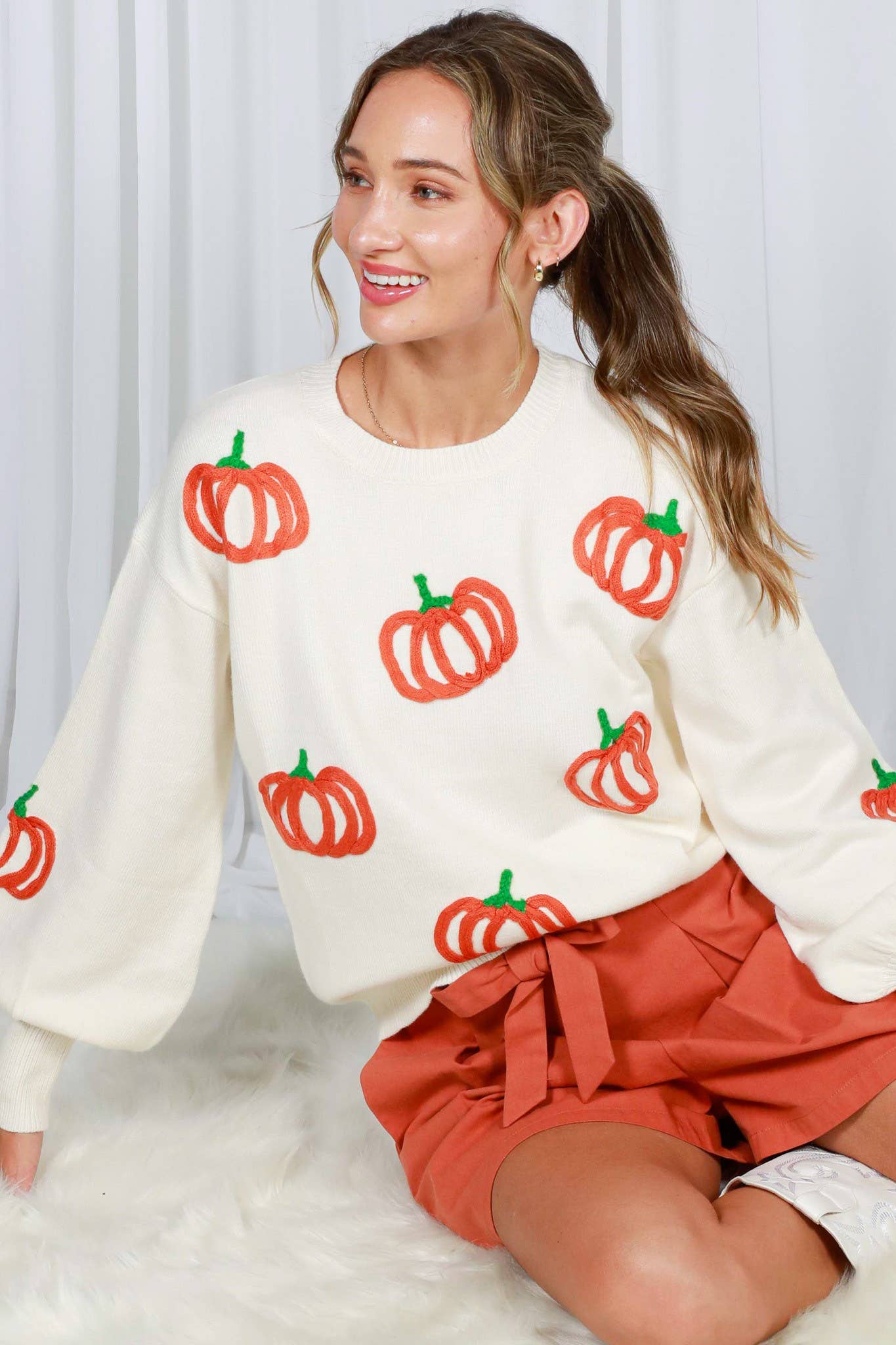 Pumpkin Embroidered Crew Neck Knitted Sweater Top VT82559: Cream / M