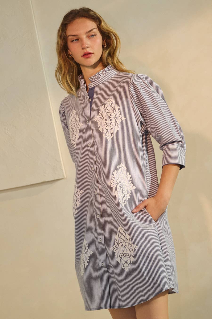 Plus Striped Shirt Dress: Blue / 3XL