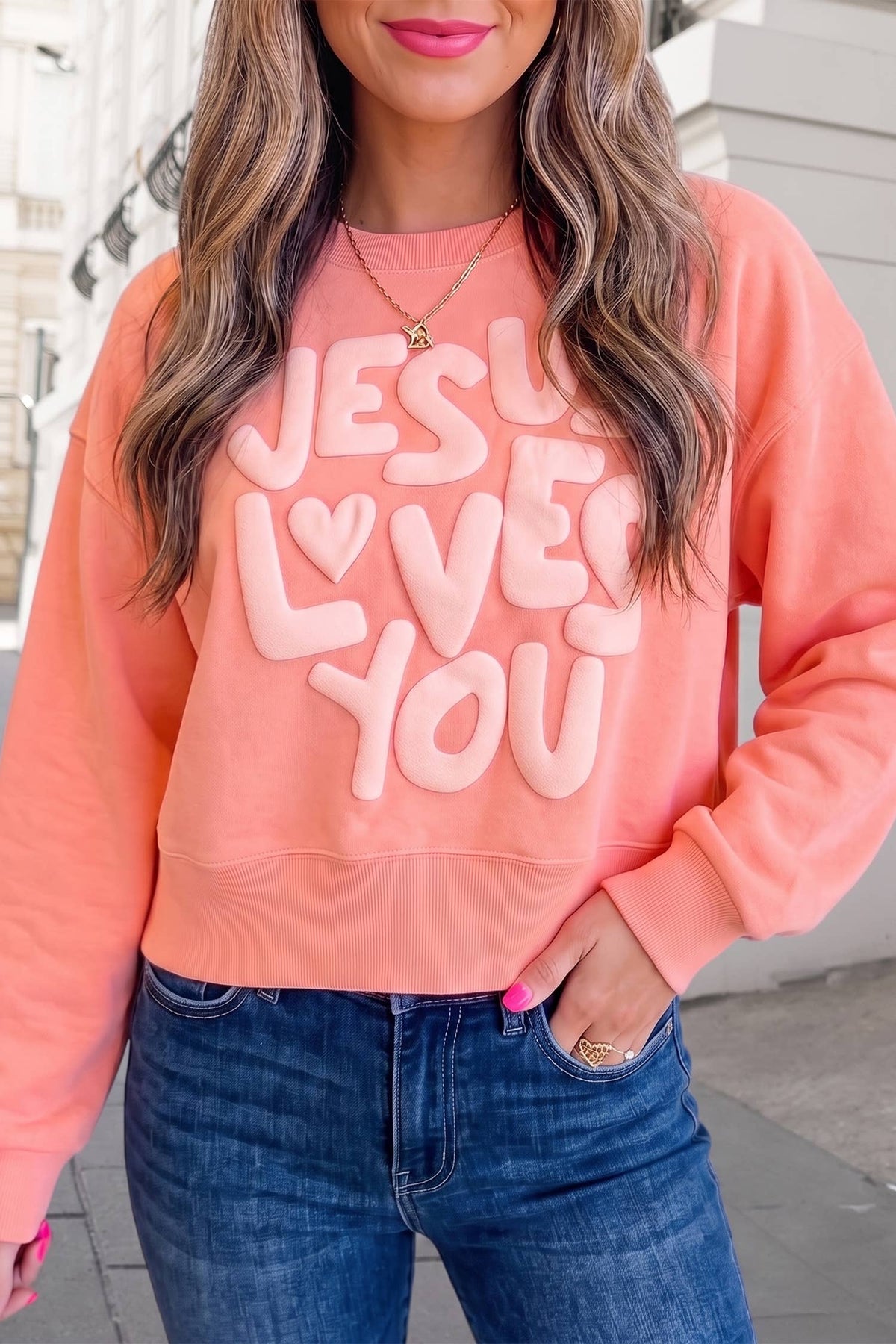 JESUS LOVES YOU Puffy Letter Graphic Sweatshirt | S-XL : Grapefruit Orange / M
