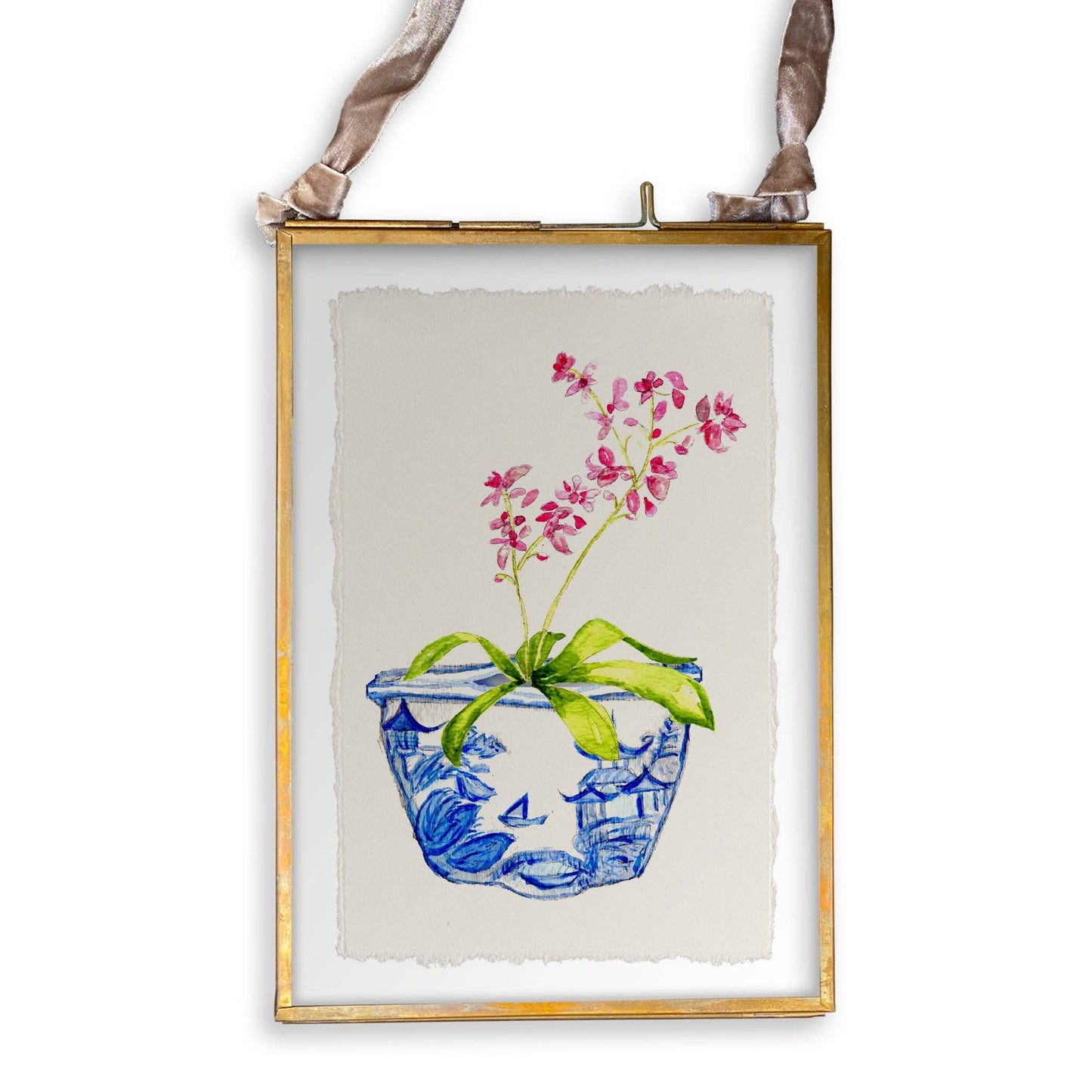 Blue & White Bowl with Pink Orchid: Dishtowel / -
