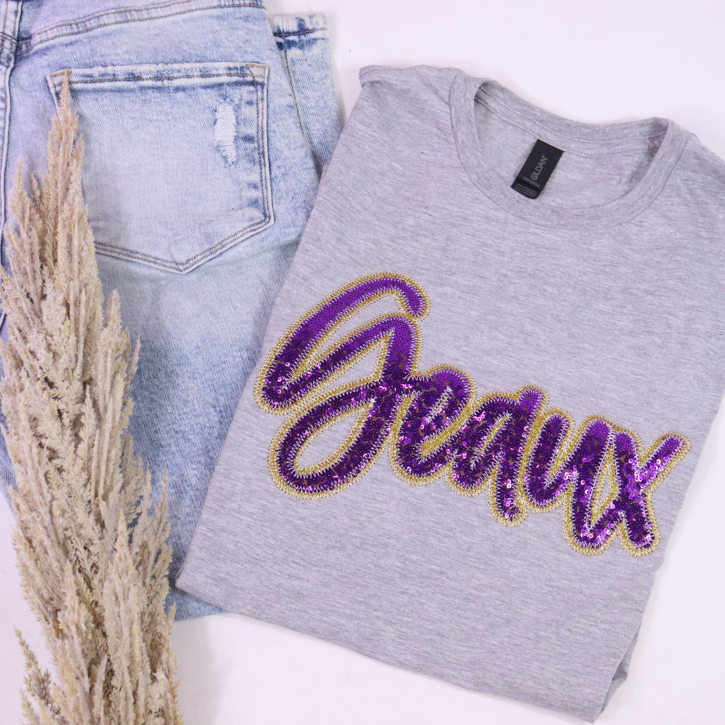 Game Day Custom School Spirit Wear Real Sequins Short Sleeve: Purple / Small