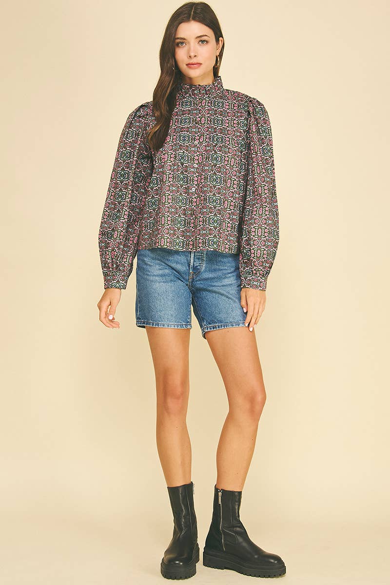 GEOMETRIC FLORAL RUFFLED MOCK NECK BLOUSE - 7594T: NAVY PINK / S