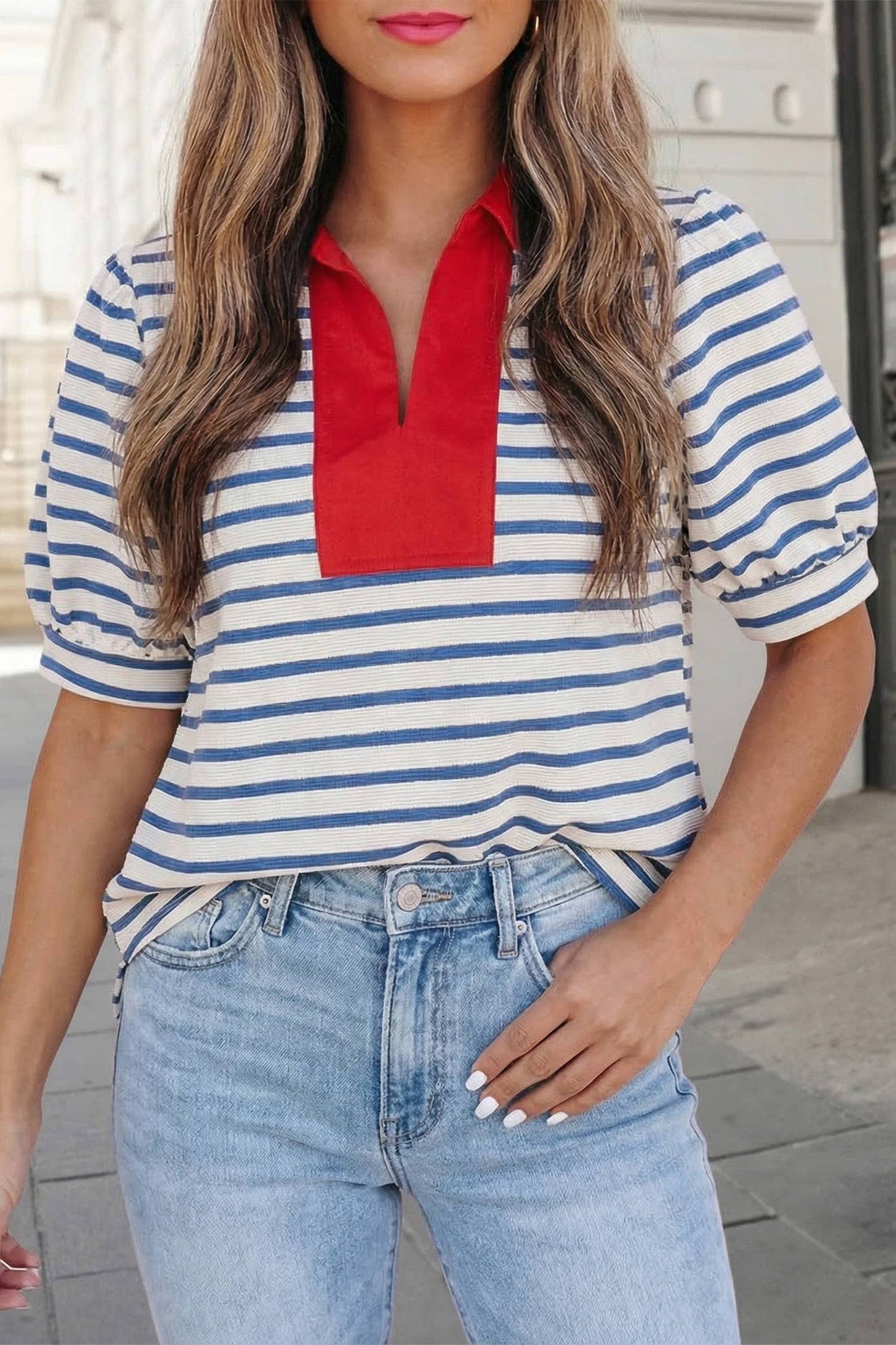 Stripe Short Puff Sleeve Collared Blouse | S-XL: Blue / M