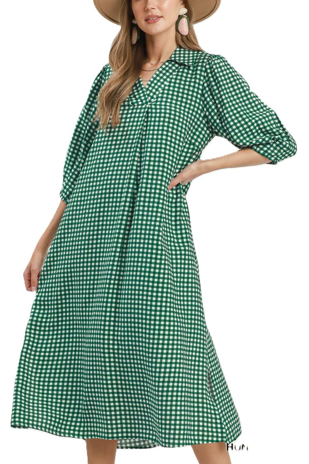 Gingham Check Collared Midi Dress: RED / 2-2-2(S-M-L)