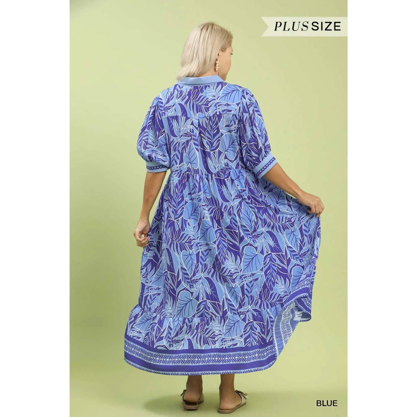 PLUS Leafy Border Print V-Neck Midi Dress : BLUE / XL