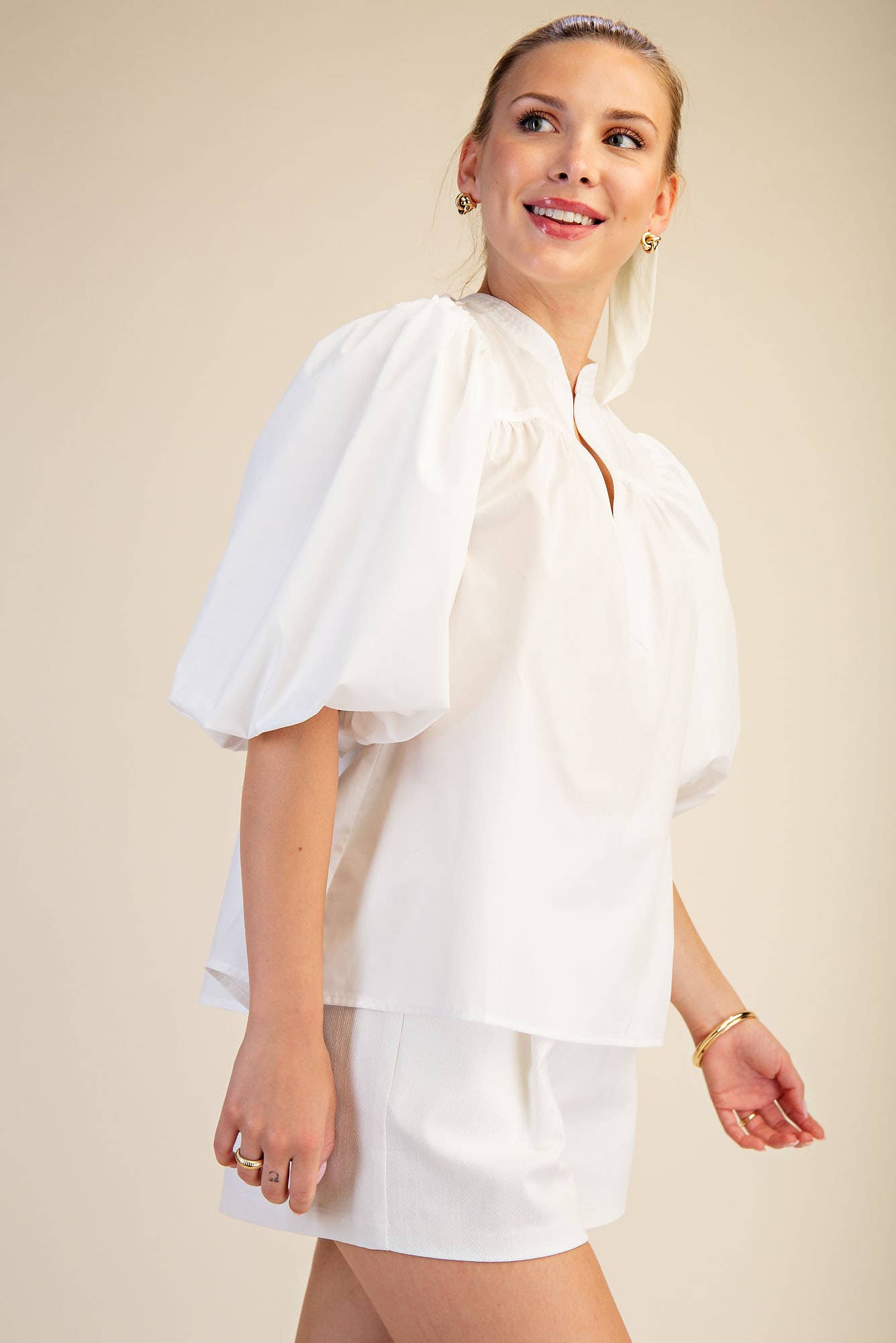 China Collar V-Neck Bubble Sleeve Poplin Top: Red / L