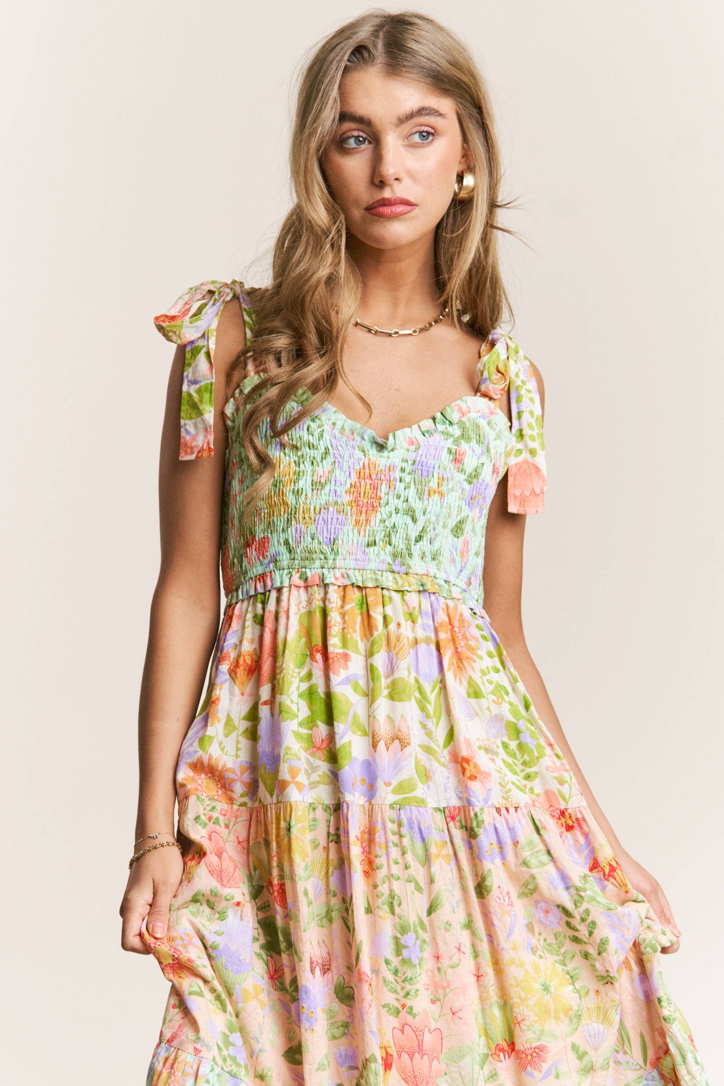 Smocked V-neck Tiered Multi Print Dress: Garden Dream / M