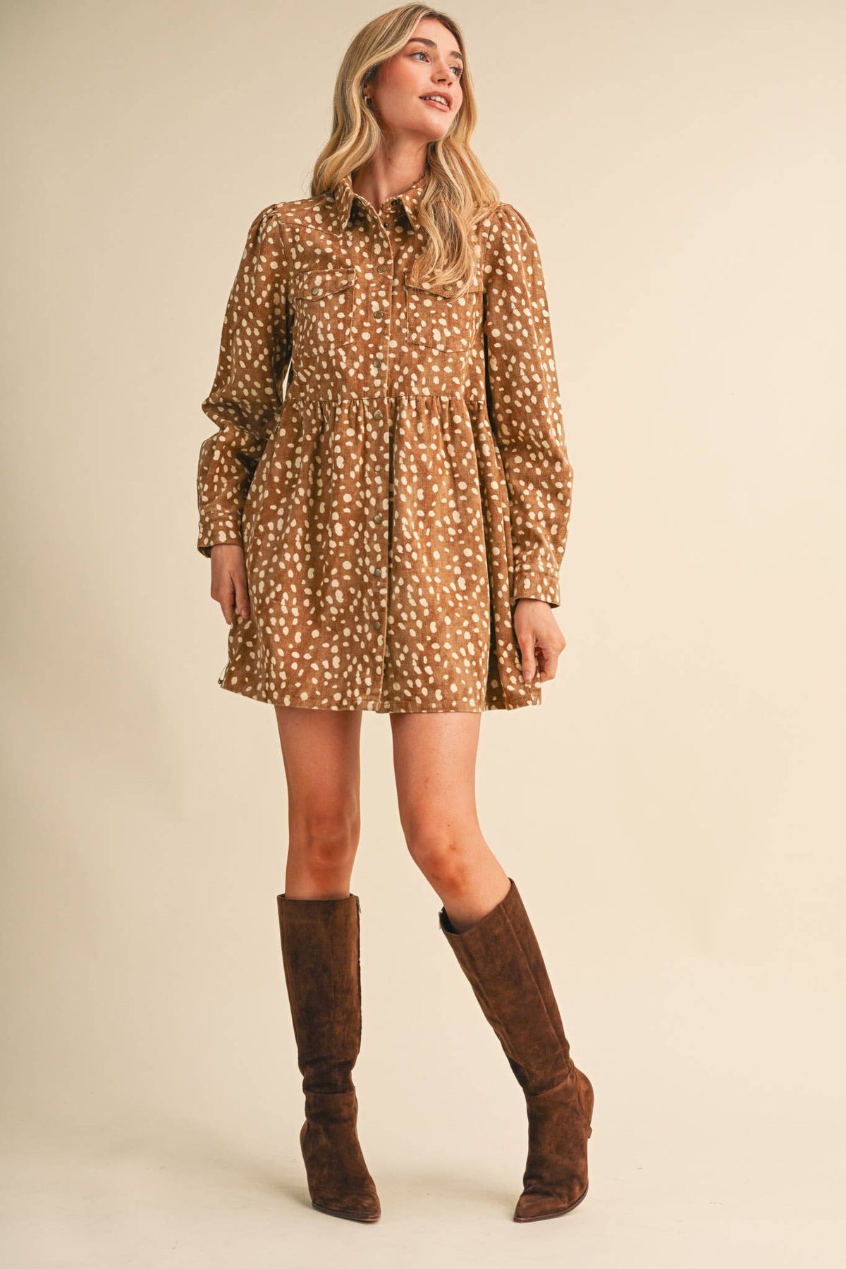 DENIM FAWN PRINT BUTTON DOWN MINI DRESS MDR5369: TAUPE ANIMAL / L
