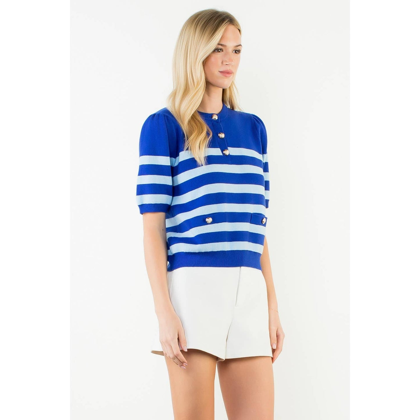 Short Sleeve Striped Knit Top: BLUE / XS-S-M-L(1-2-2-1)