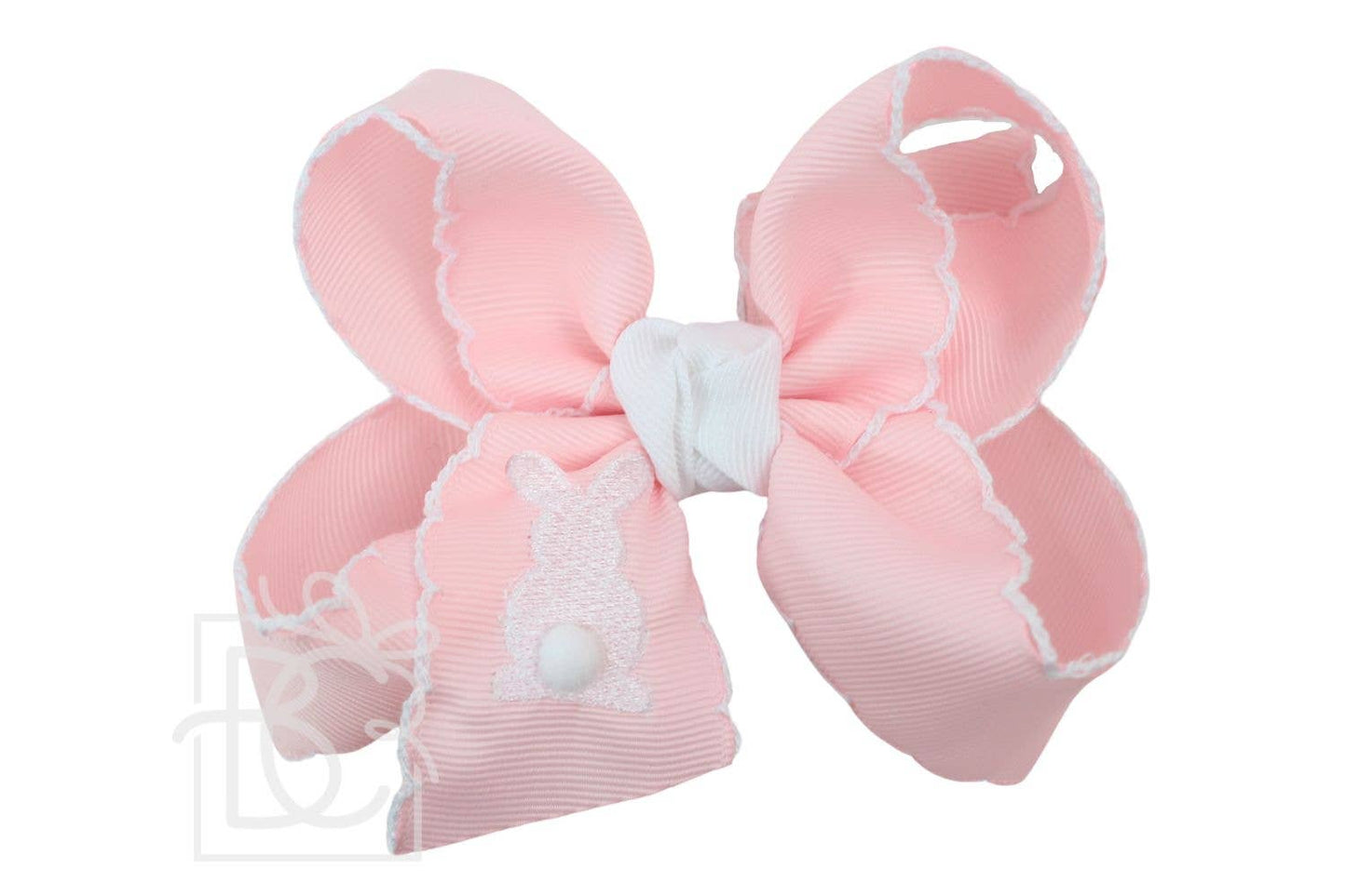 EMBROIDERED EASTER CROCHET EDGE BOWS: White w/ Hot Pink Crochet Edge- Hot Pink Bunny / 4.5" Large - 1.5" Ribbon on Alligator Clip