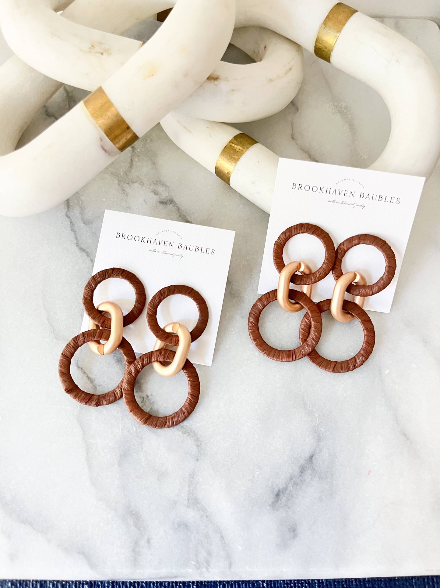 Chocolate Brown & Matte Gold Raffia circle Link Earrings