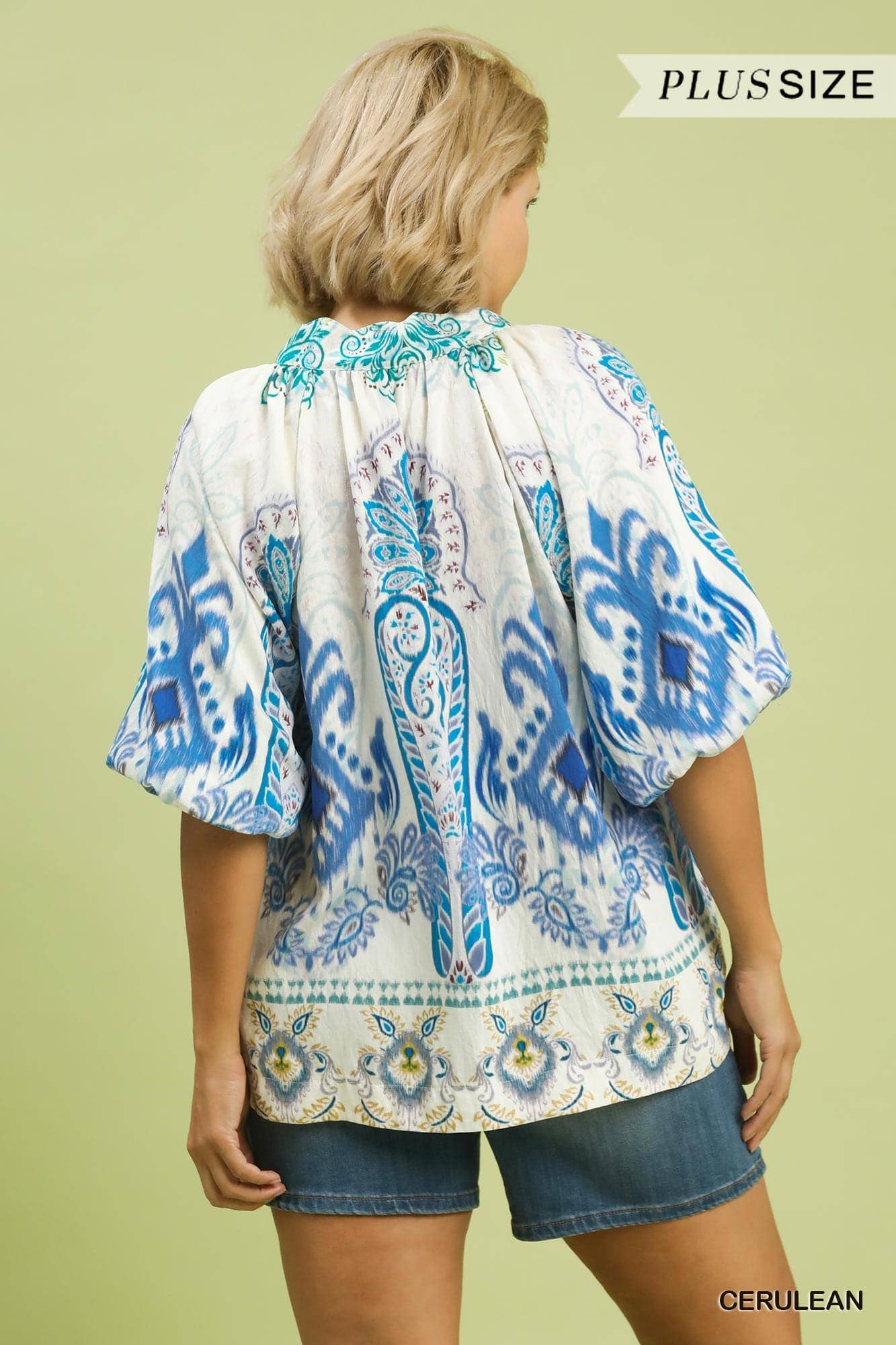 Plus Boho Border Print Top: CERULEAN / 1-1-1(XL-1XL-2XL)