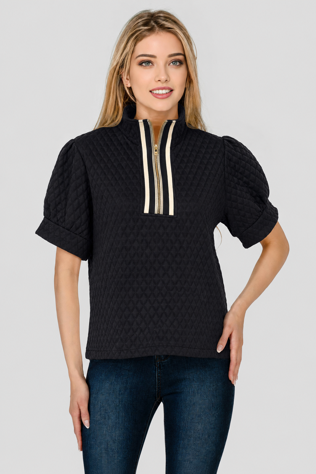 MBT 9929 Mandy Black Short Sleeve QUILTED Zip Top Stipe Trim