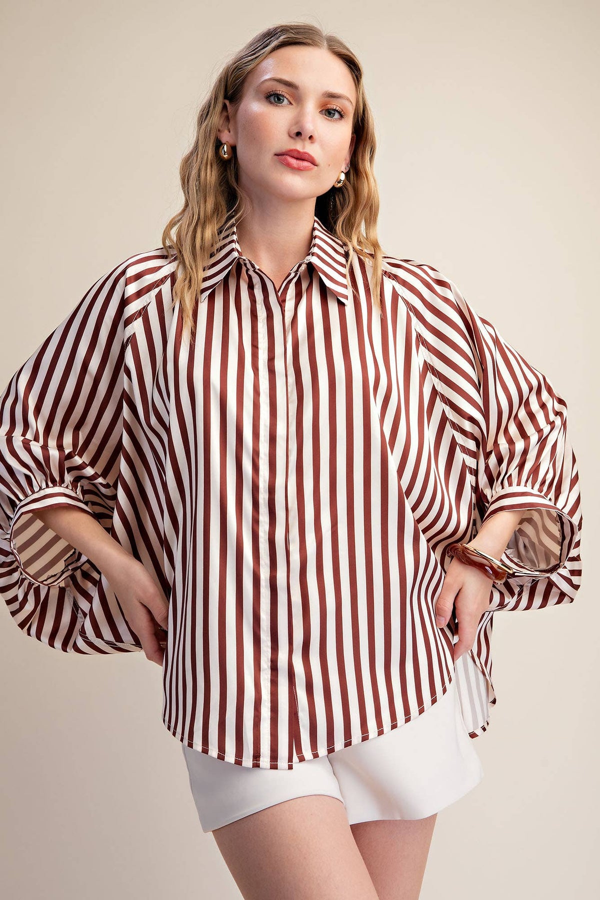Stripe Wide Puff Sleeve Buttondown Shirt: Olive / S