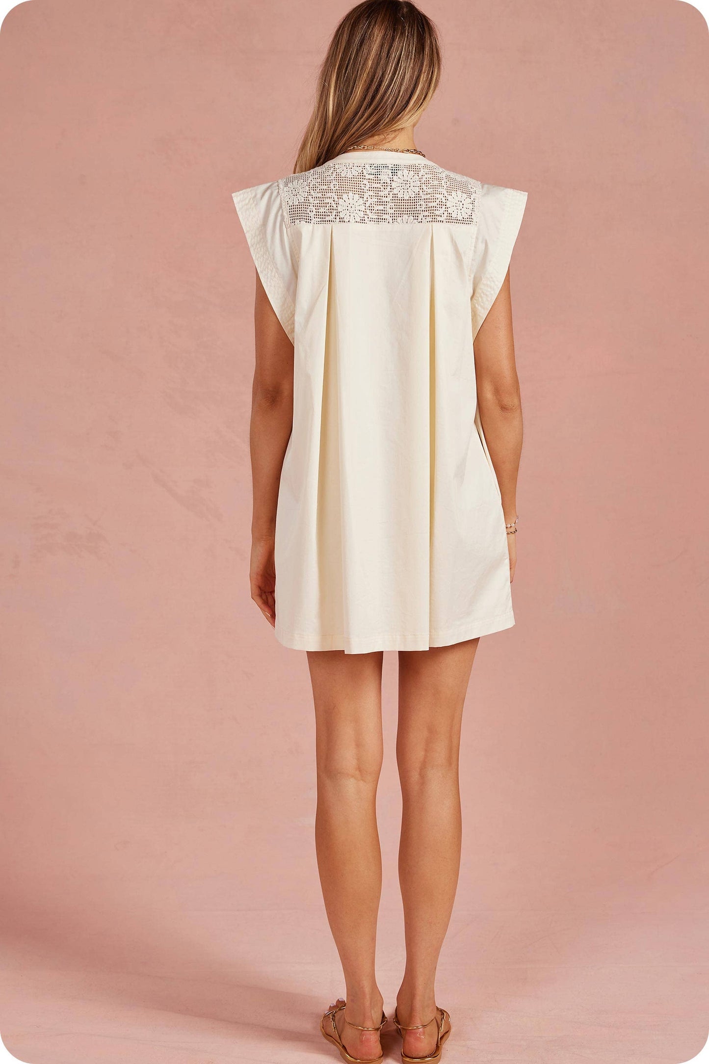 Contrast Floral Crochet Yoke Pleat Mini Dress: Cream / L