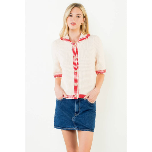 Short Sleeve Button Front Knit Top: CREAM / XS-S-M-L(1-2-2-1)