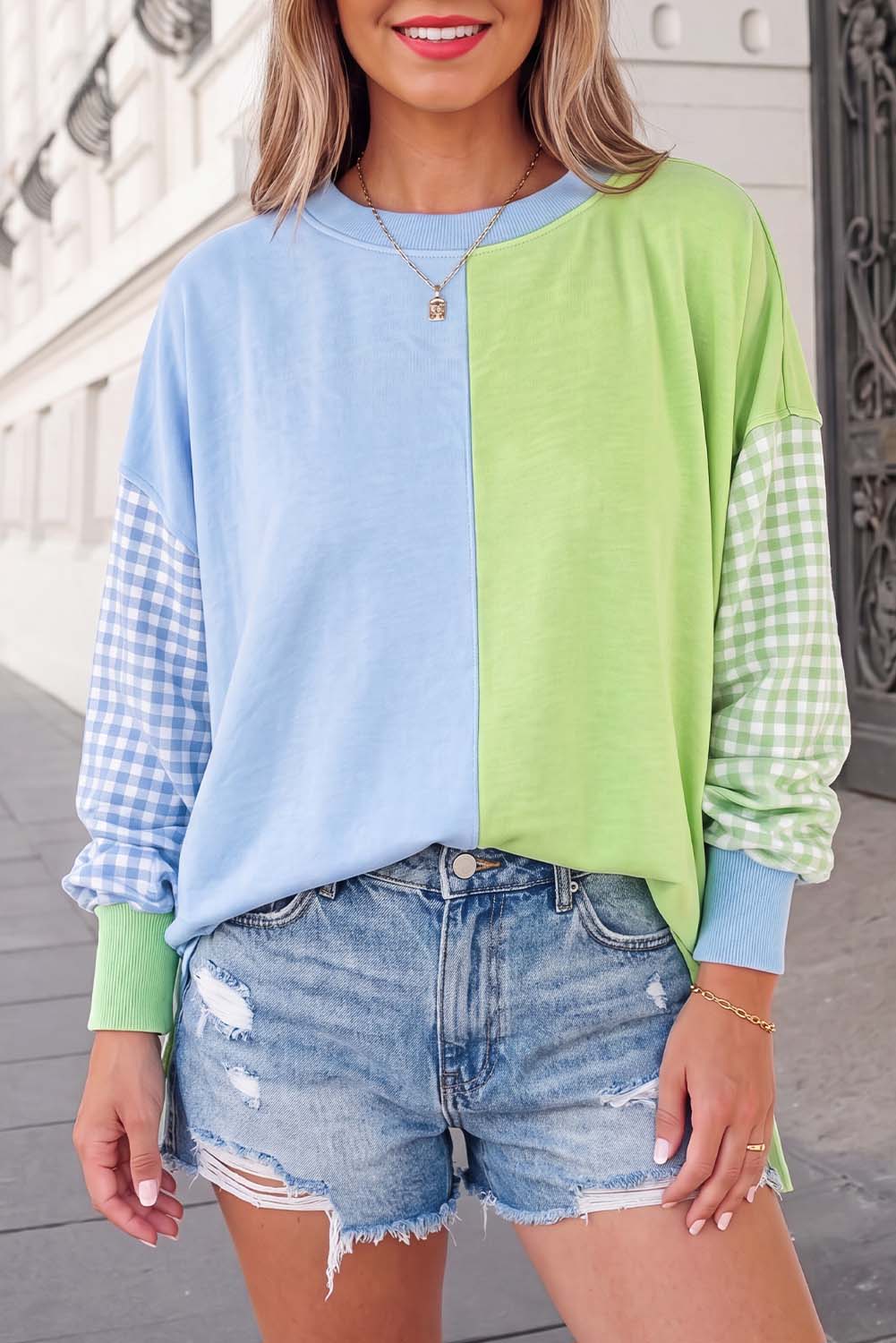 Plaid Print Crewneck Gingham Sleeve Sweatshirt FW26 | S-XL: Rose Red / L