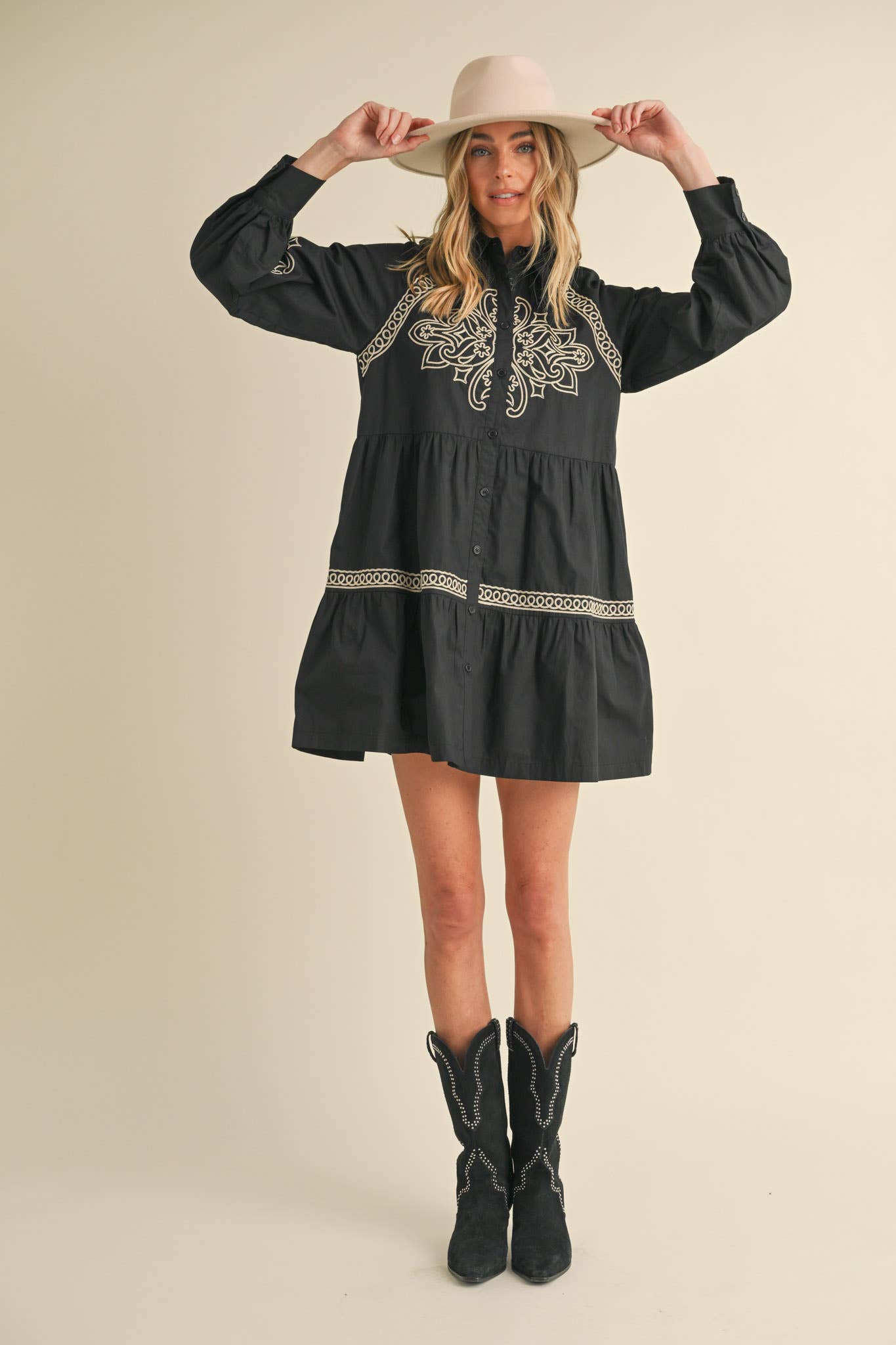 EMBROIDERED BUTTON DOWN MINI DRESS MDR3513: Hunter Green / M