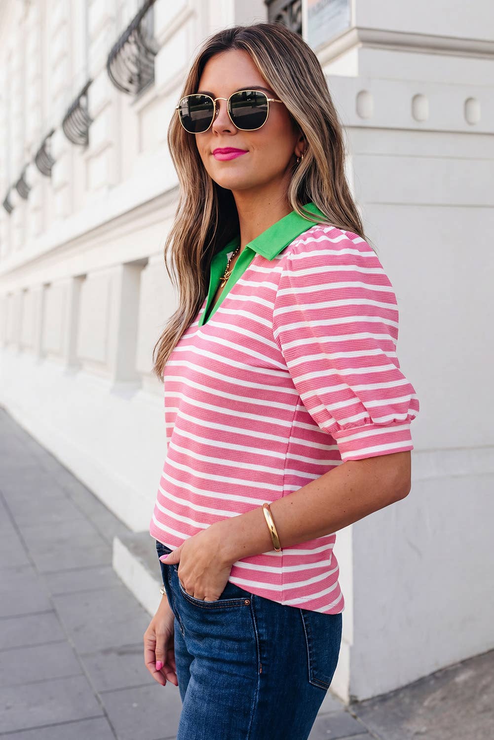 Stripe Short Puff Sleeve Collared Blouse | S-XL: Blue / S