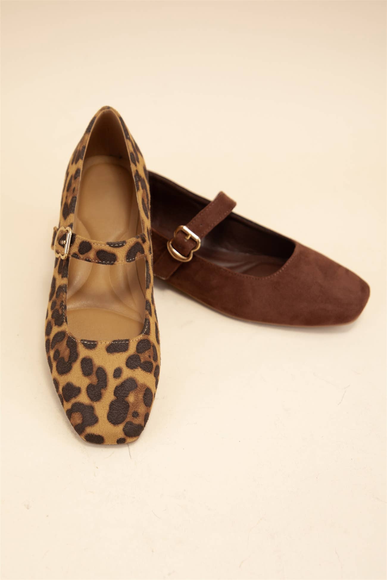 CHARLOTTE-10 BUCKLED STRAP SOFT SQUARE TOE MARY JANE FLATS: LEOPARD SUEDE / B12