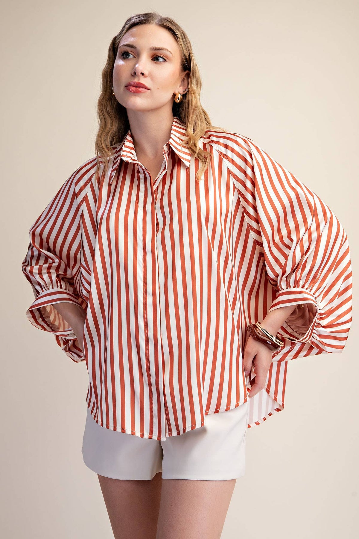 Stripe Wide Puff Sleeve Buttondown Shirt: Olive / M