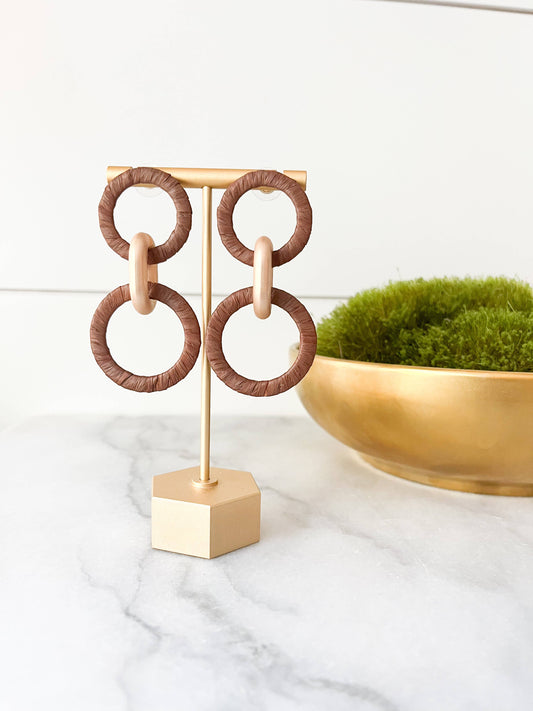 Chocolate Brown & Matte Gold Raffia circle Link Earrings