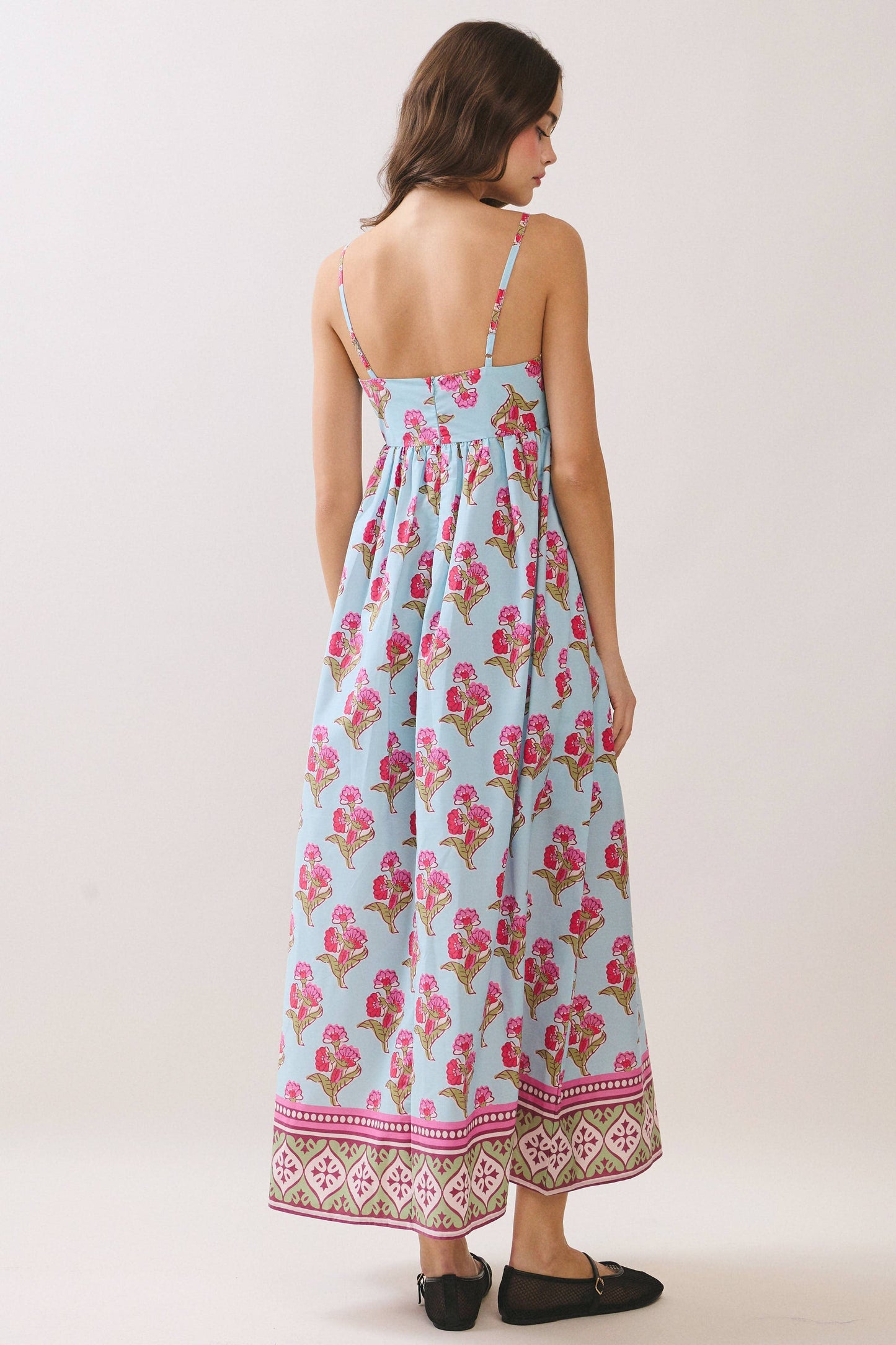 CD06721-Floral Print Gathered Waist seam Maxi Dress: MULTI / M