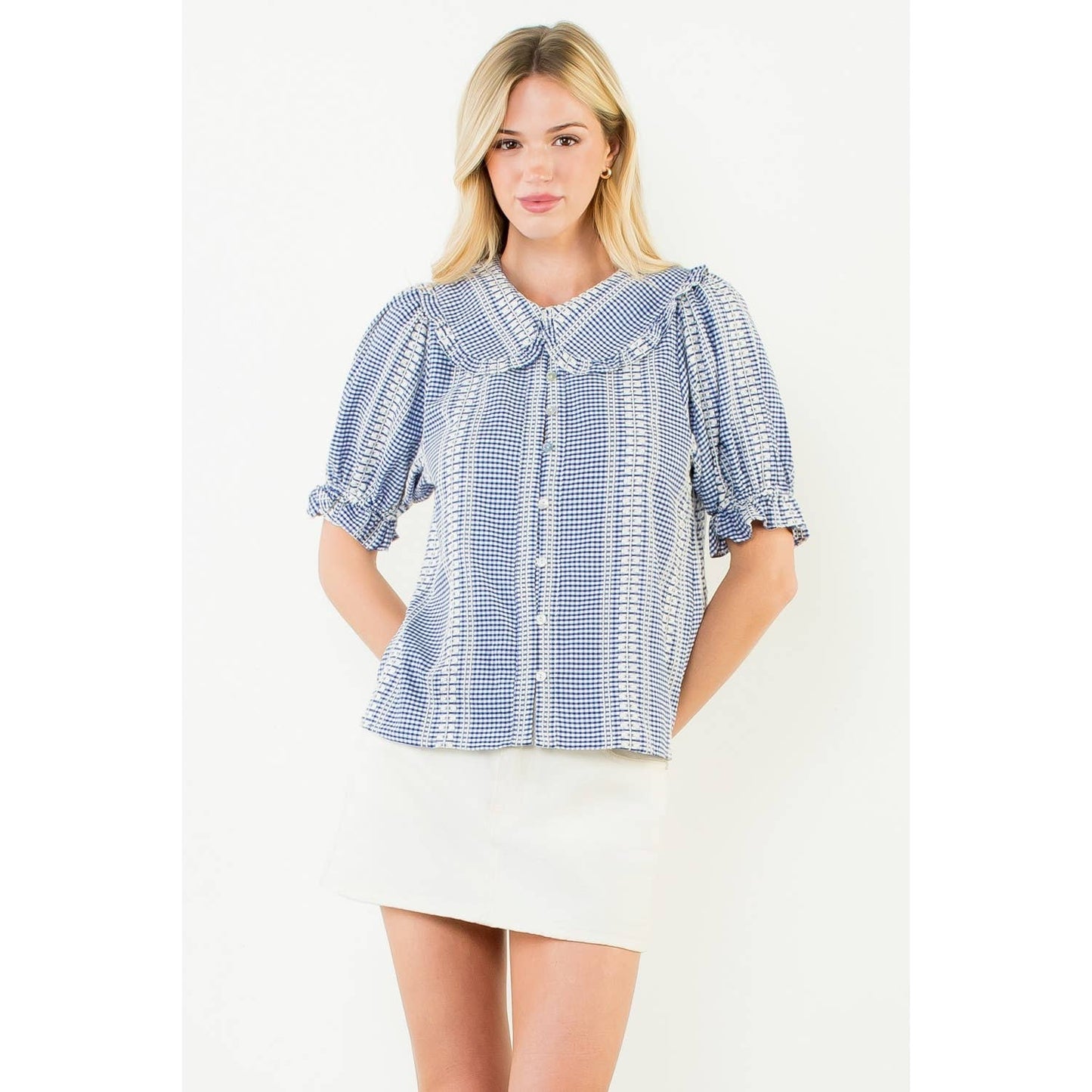Puff Sleeve Gingham Patterned Top: RED / XS-S-M-L(1-2-2-1)