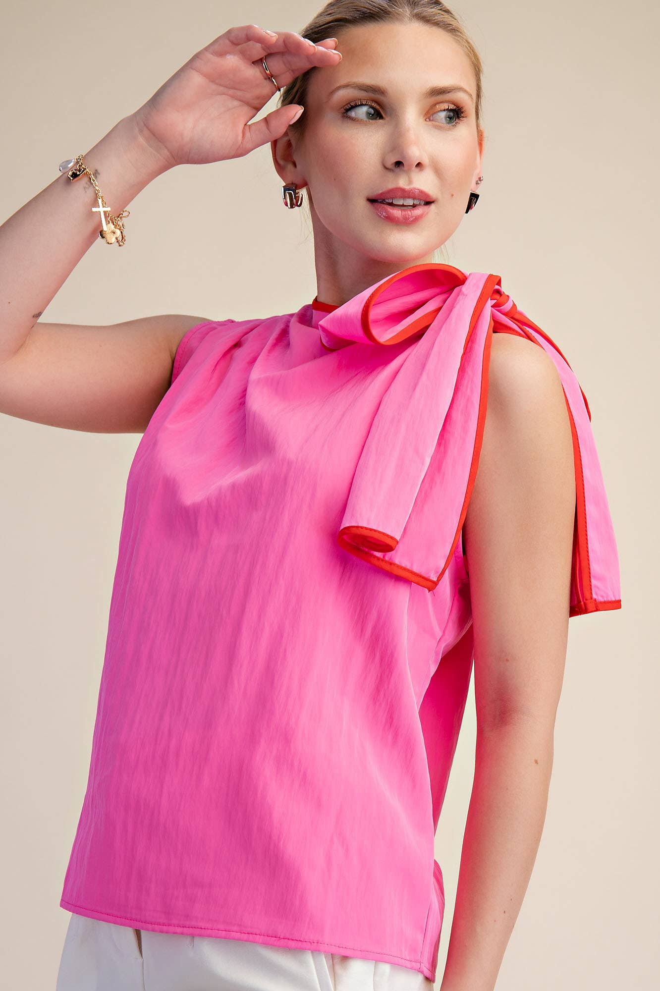 Asymmetric Pleated Shoulder Contrasting Bow Top: White / S