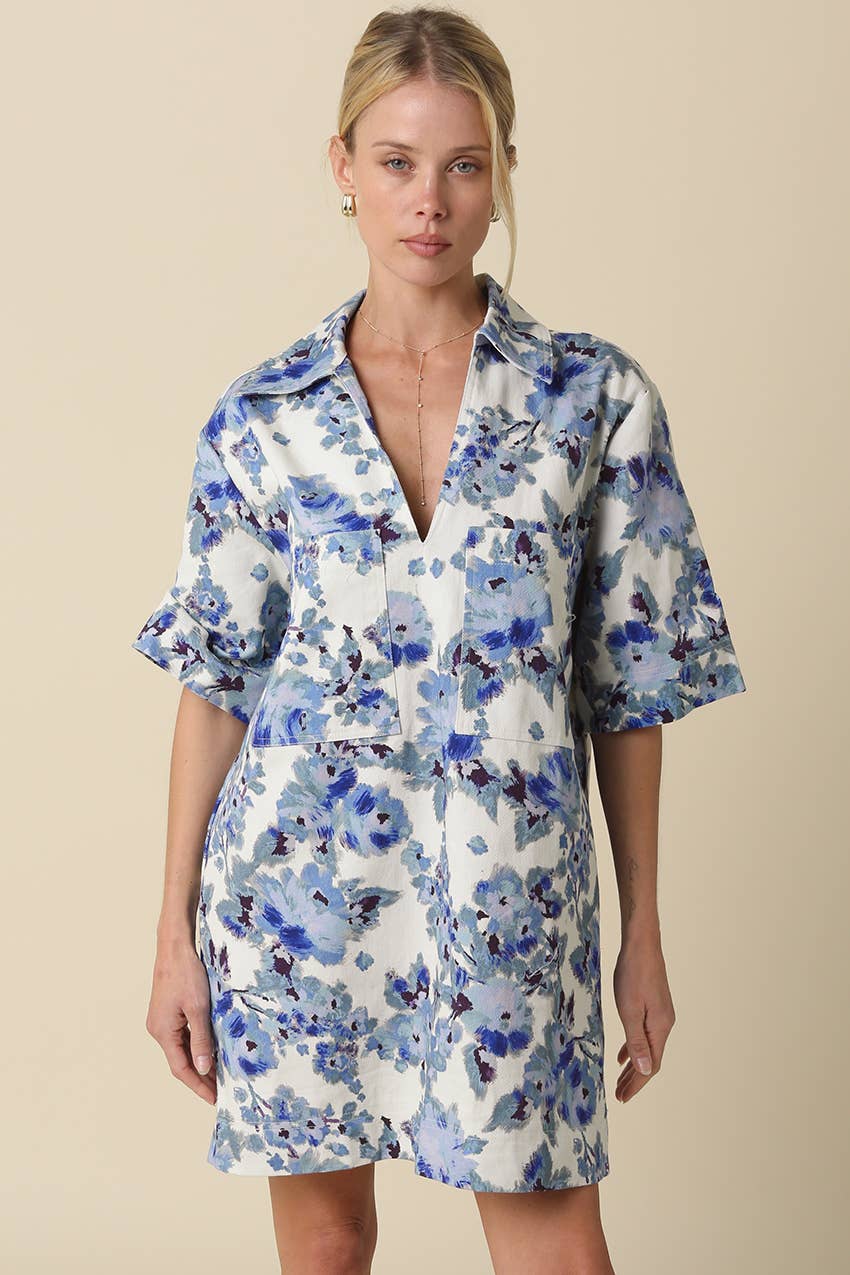 Carley Floral Collared Dress: Natural Blue / Contemporary / L