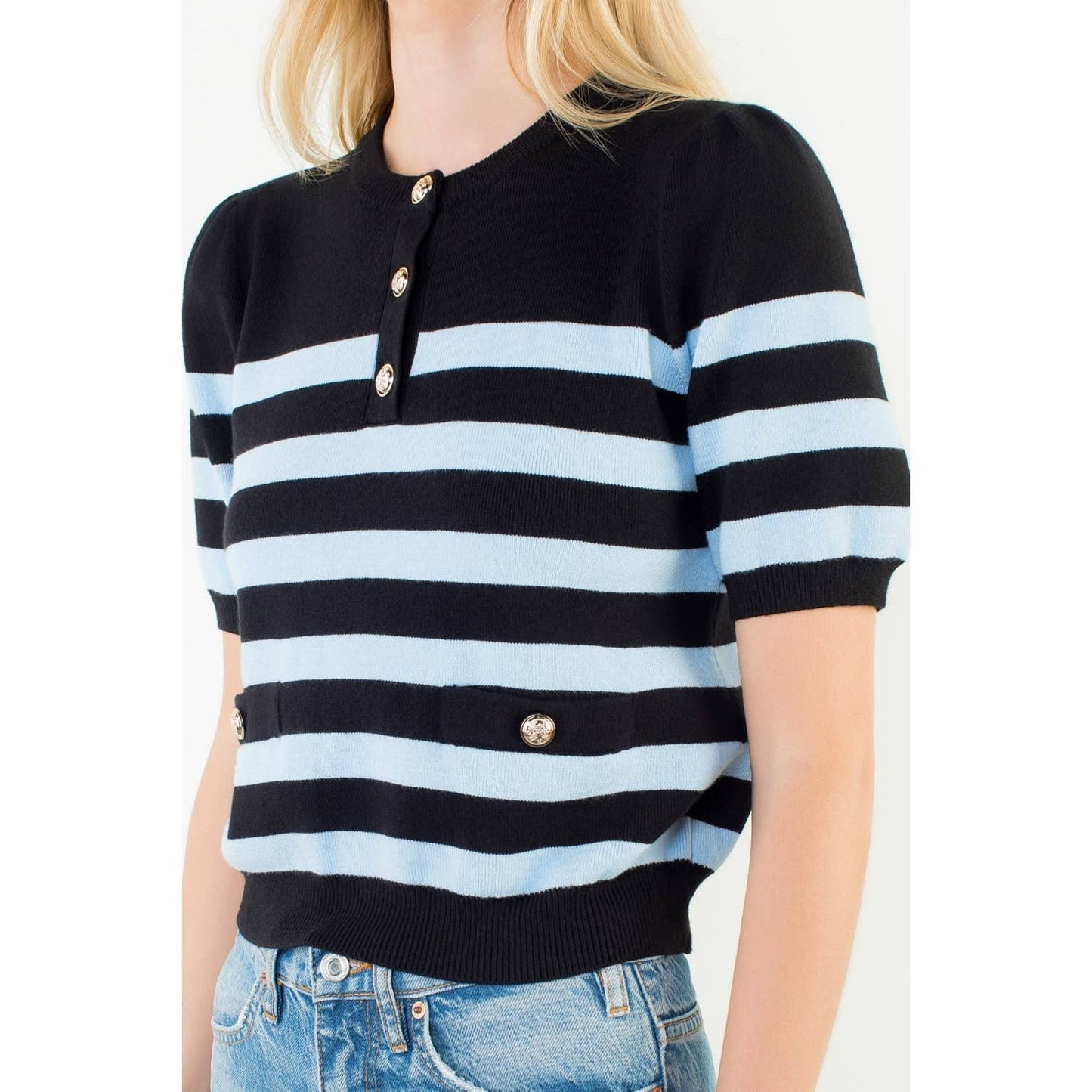 Short Sleeve Striped Knit Top: BLUE / XS-S-M-L(1-2-2-1)