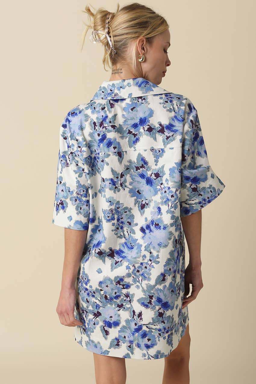 Carley Floral Collared Dress: Natural Blue / Contemporary / M