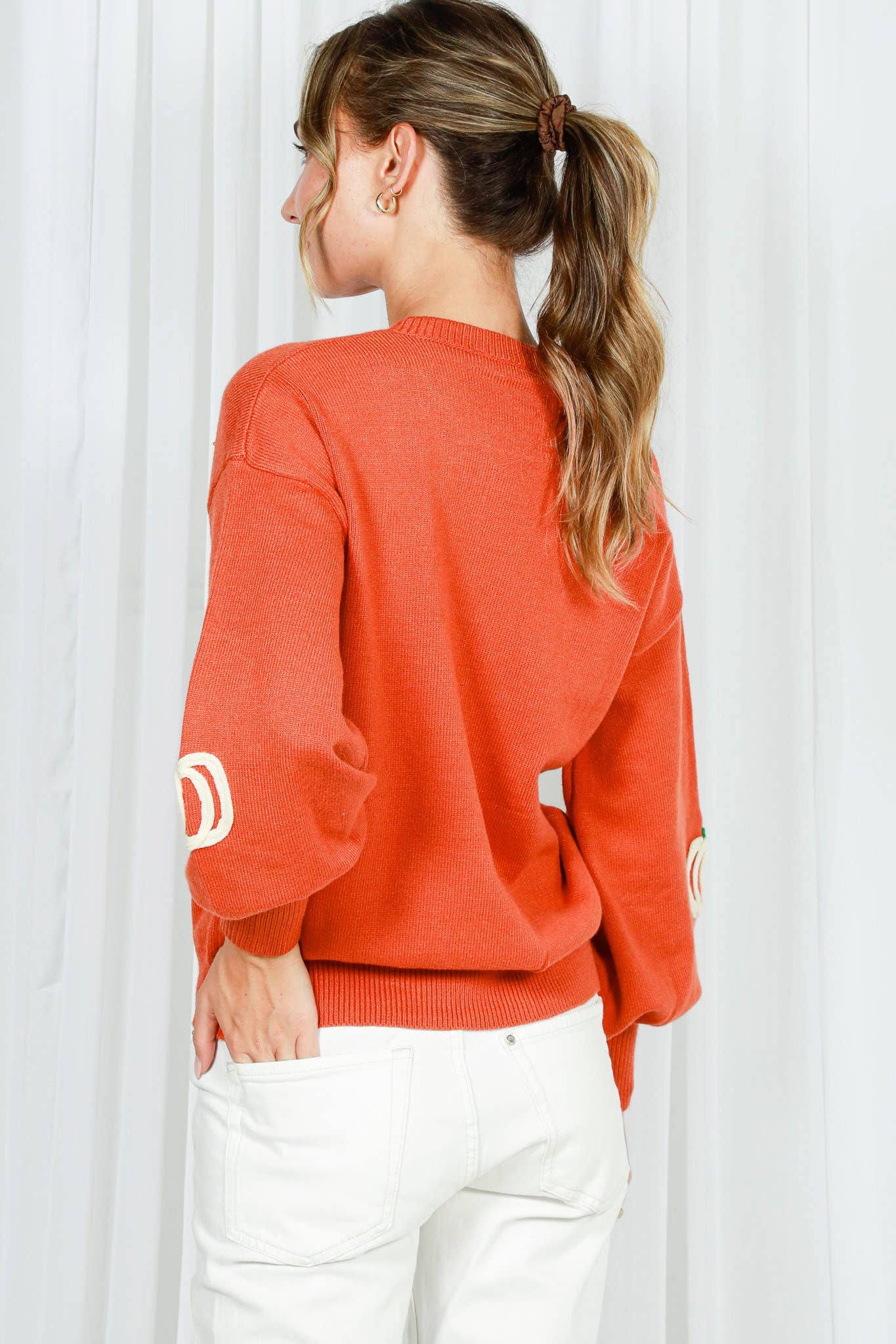 Pumpkin Embroidered Crew Neck Knitted Sweater Top VT82559: Cream / S